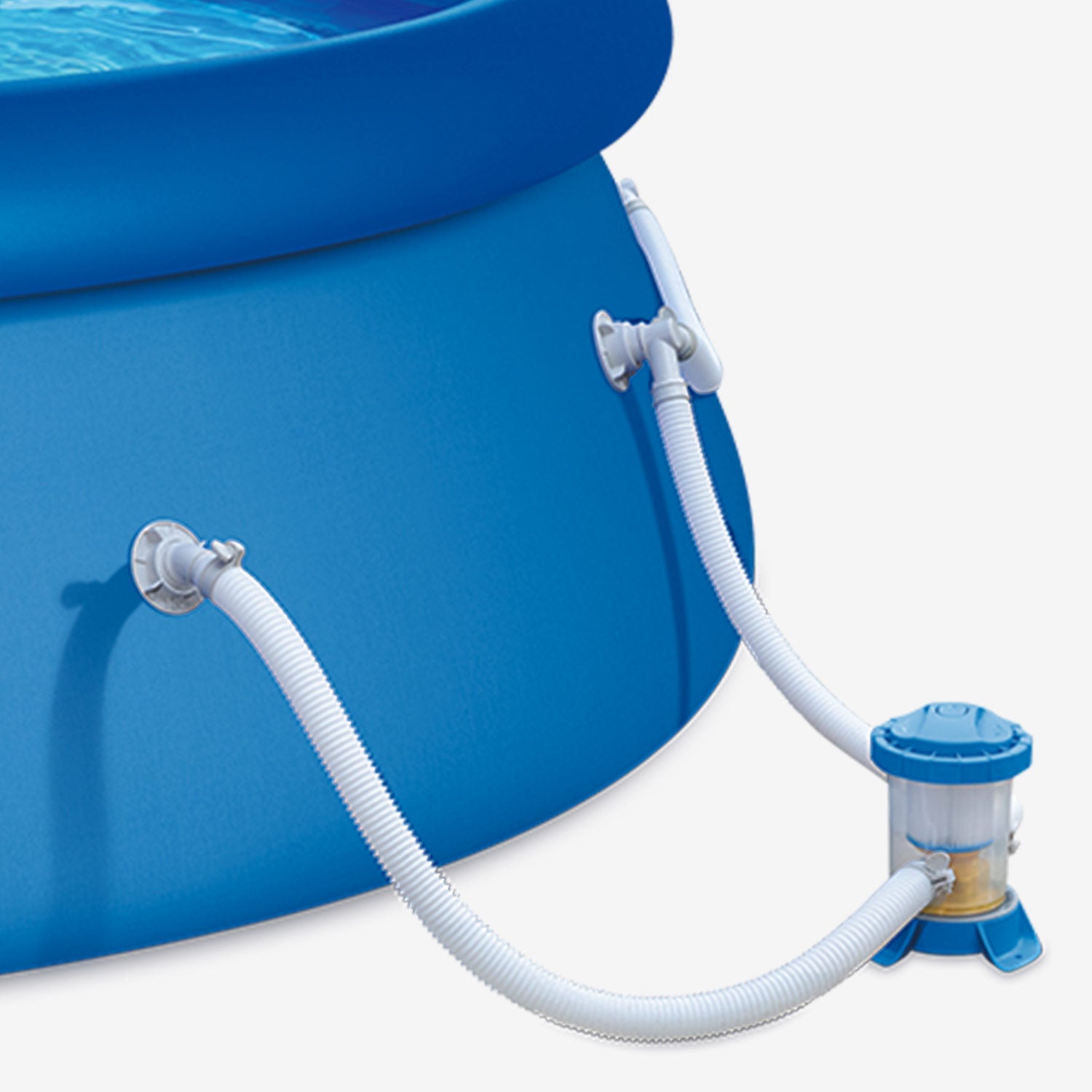 Blue above-ground pool with a white hose and pump on a light gray background