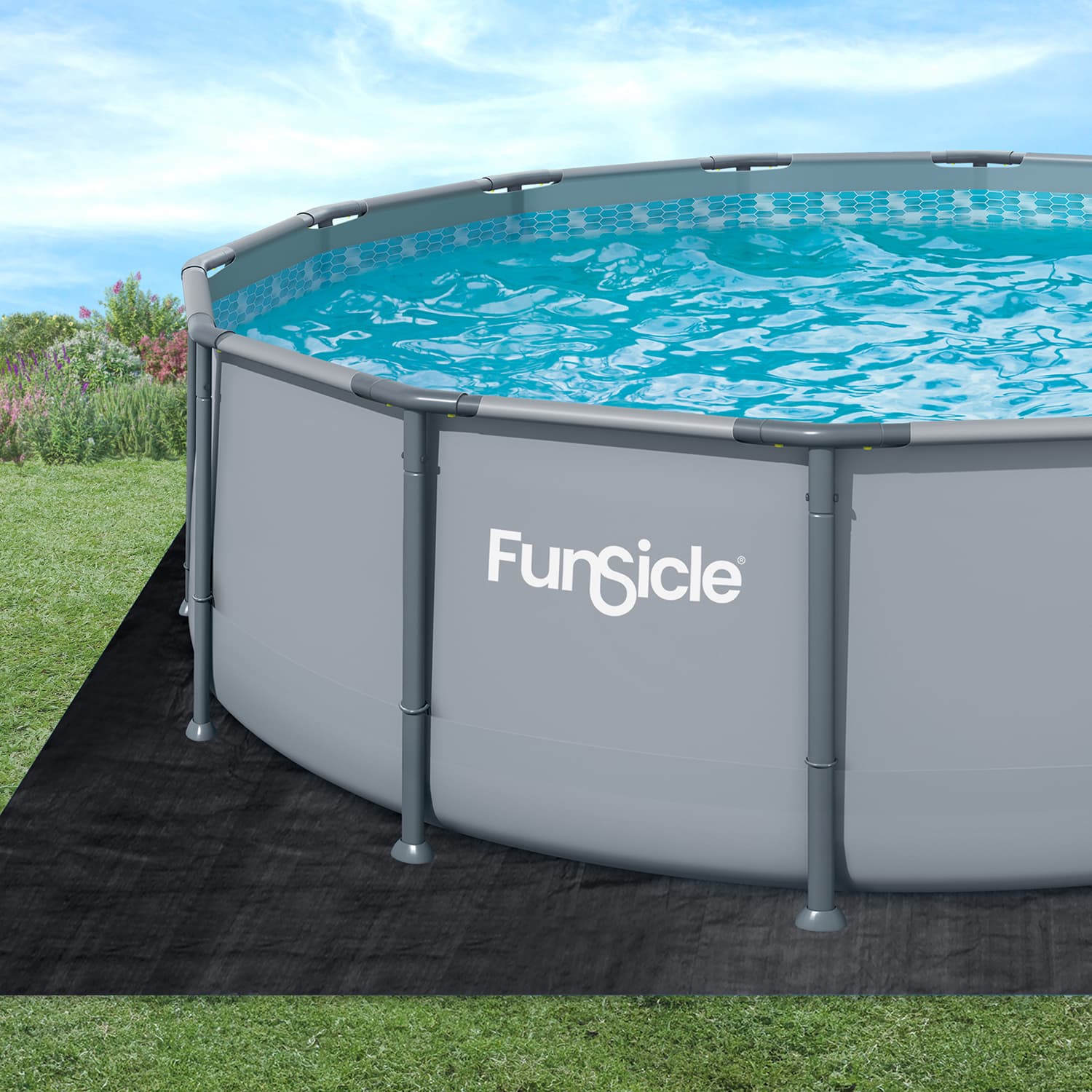 Funsicle above-ground pool on a grassy area with a blue sky background