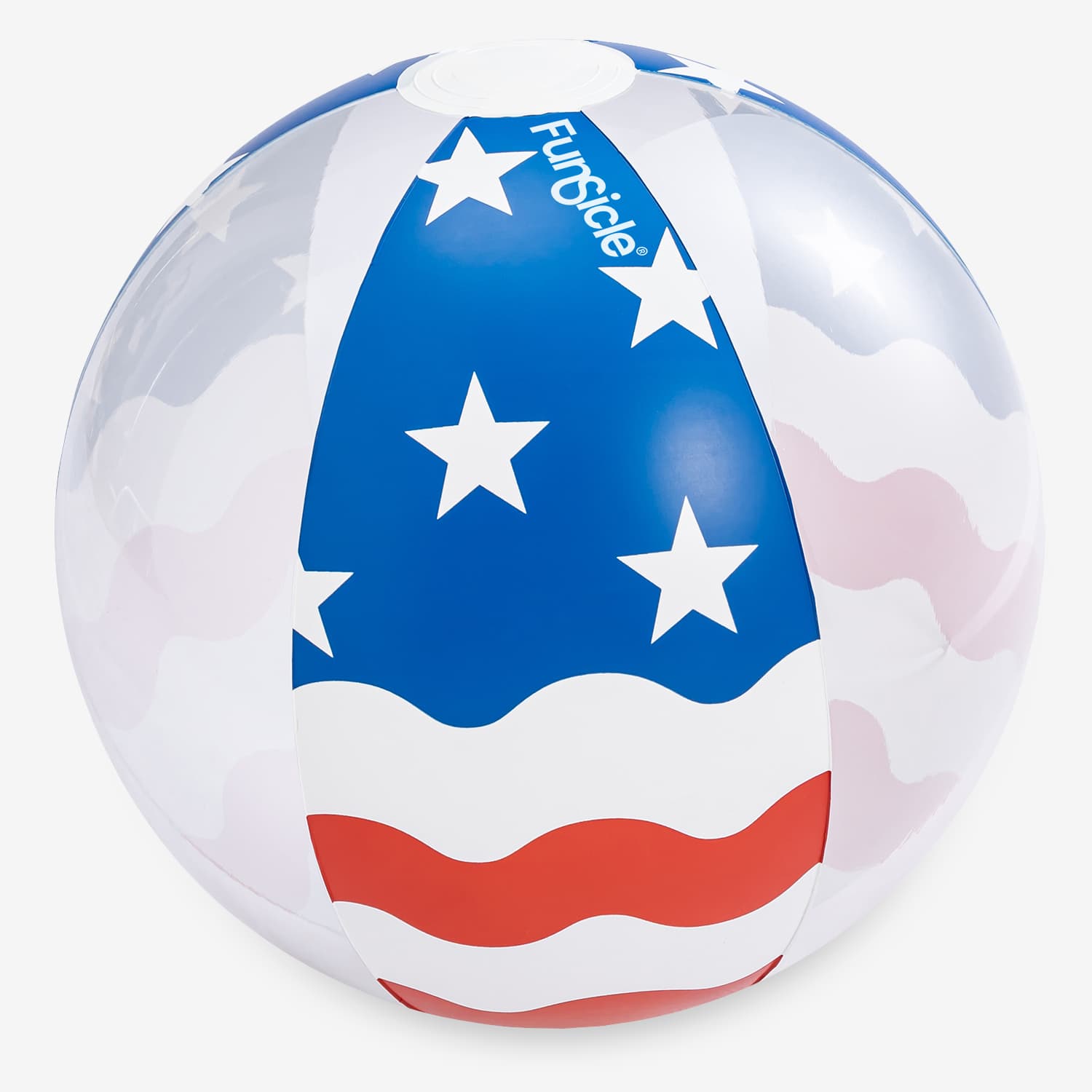Transparent beach ball with American flag design and 'Funsicle' branding.
