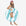 Woman holding a striped pool float with a visible brand logo on a white background