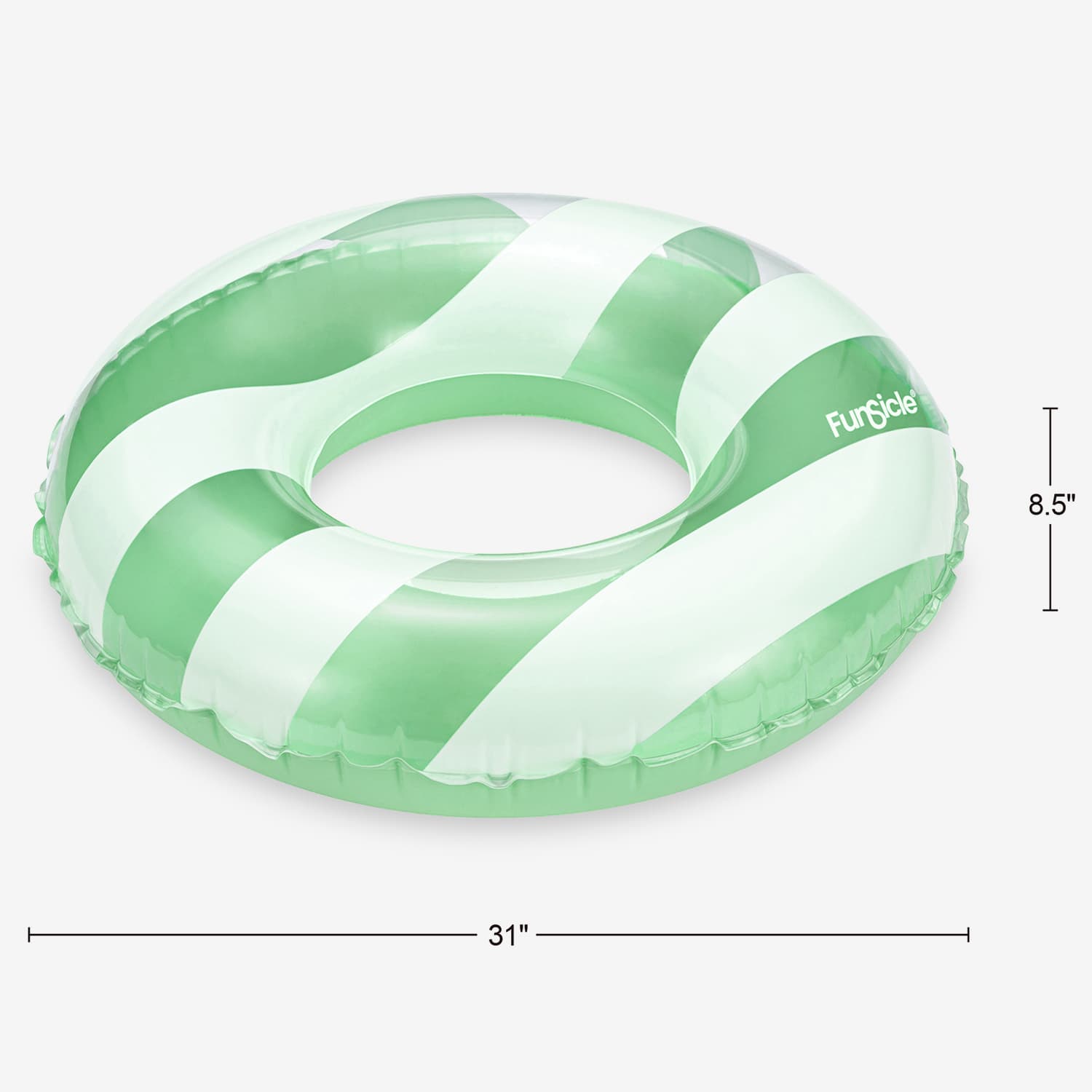 Green and white striped inflatable ring with dimensions on a white background