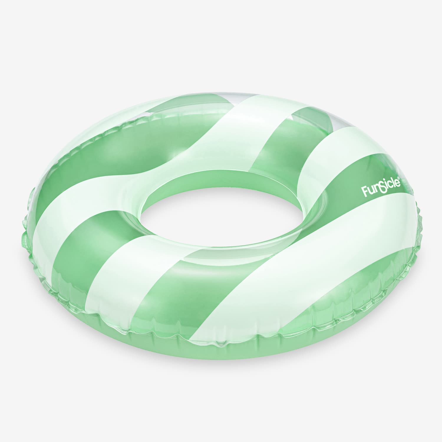 Green and white striped inflatable ring with 'Funsicle' branding on a white background