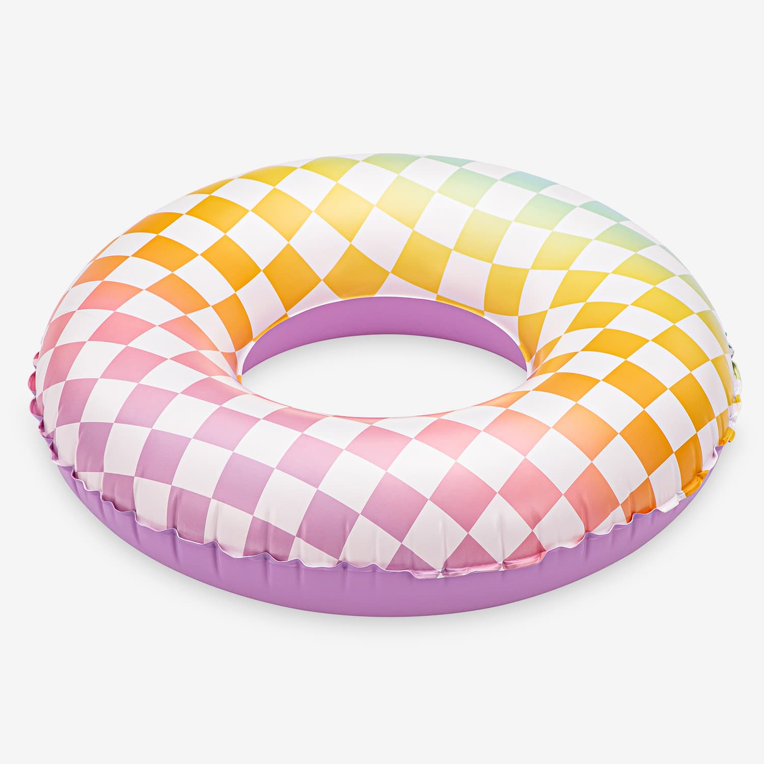 Inflatable ring with a colorful checkered pattern on a white background