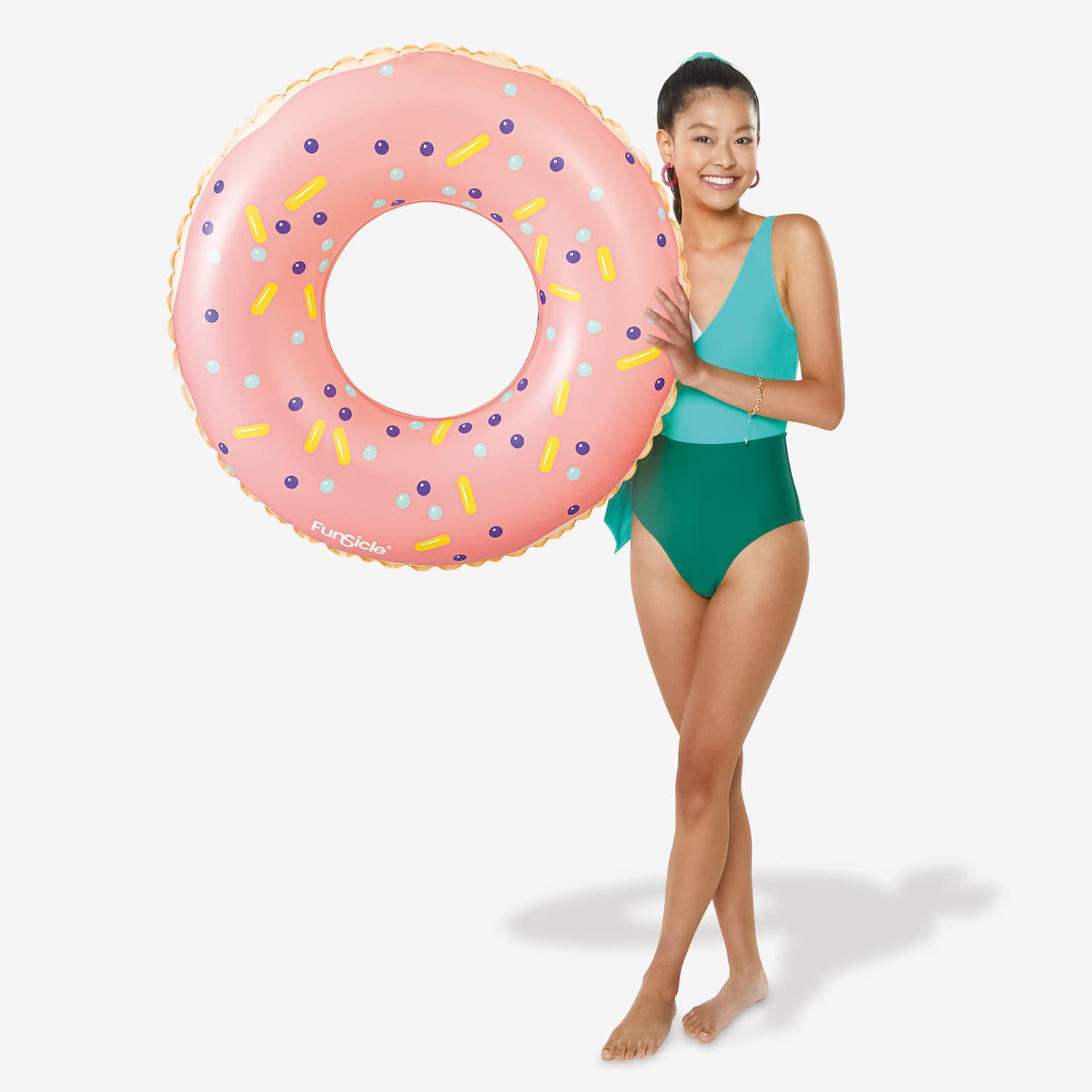 Funsicle Pink Donut FunTube with a model on a white background