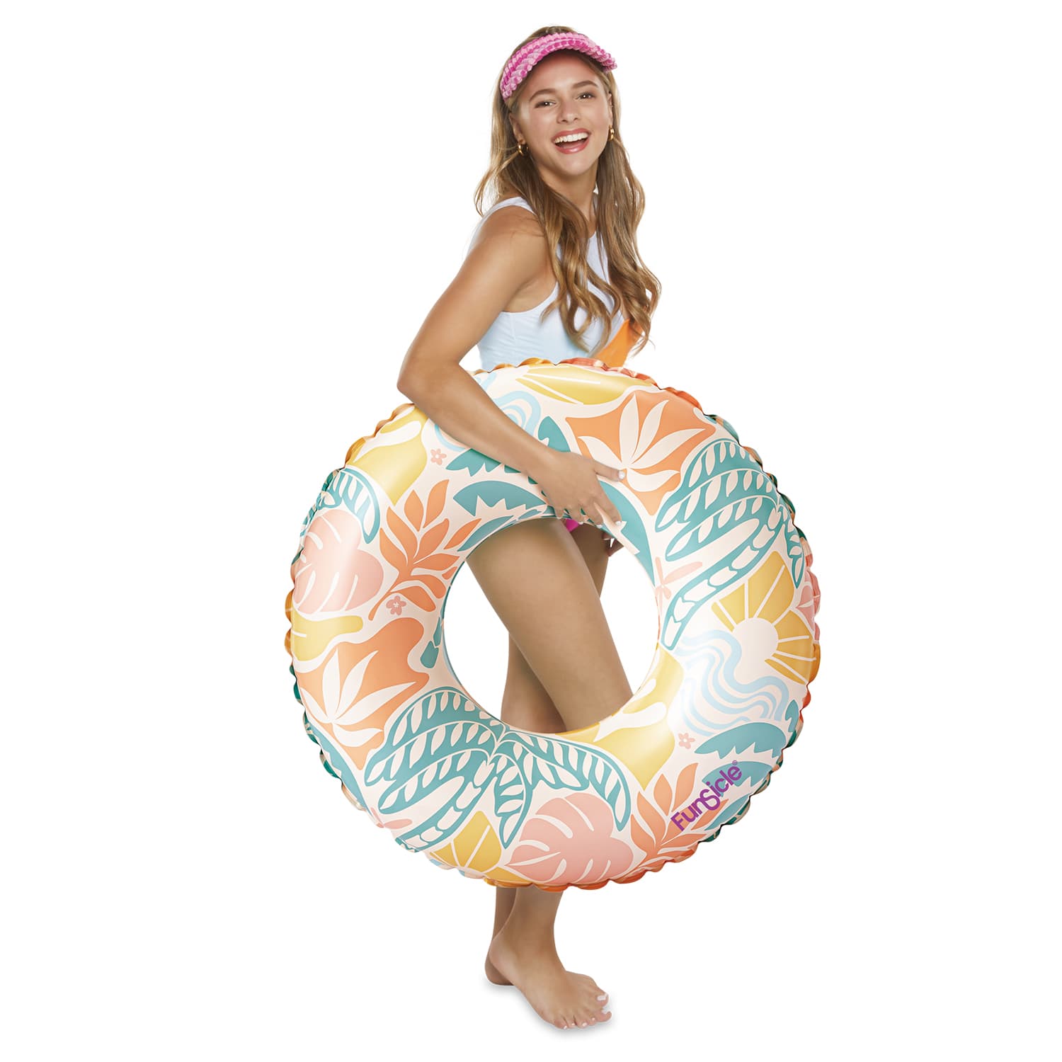 Woman holding a floral-patterned inflatable tube on a white background