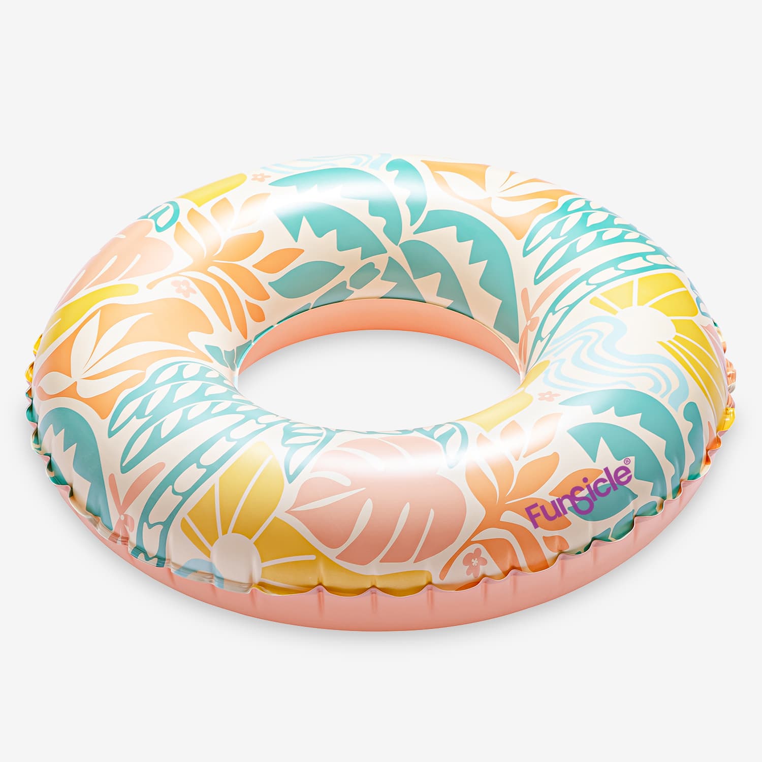 Inflatable pool ring with floral pattern on a white background