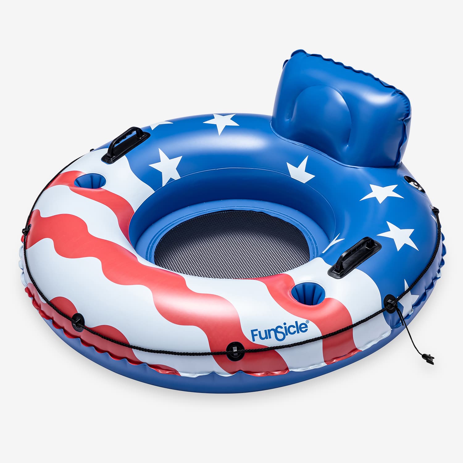 Inflatable pool float with American flag design on a white background