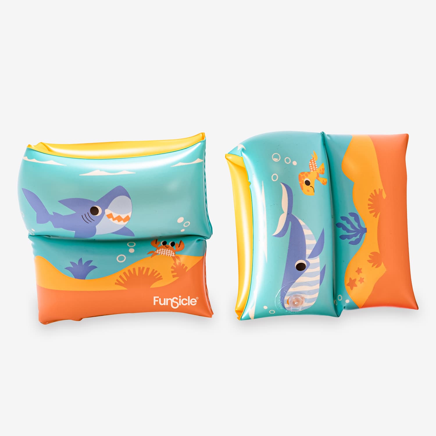 Inflatable arm bands with shark design on a white background