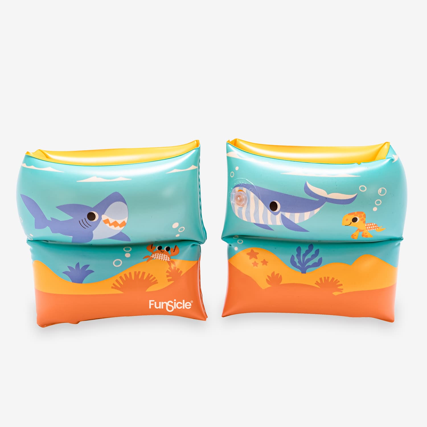 Pair of colorful inflatable arm bands with ocean-themed design on a white background