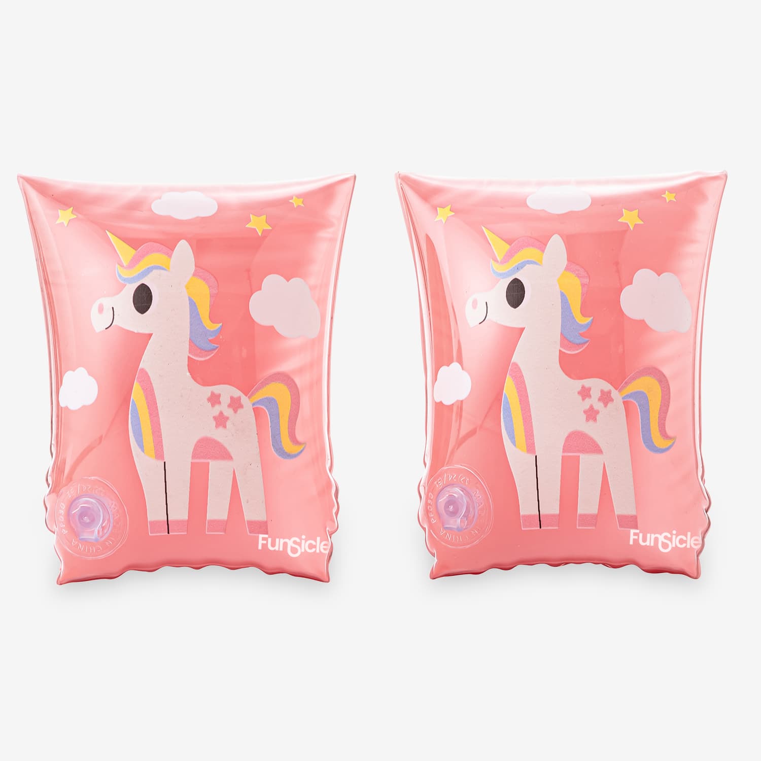 Two pink inflatable arm floats with unicorn design on a white background