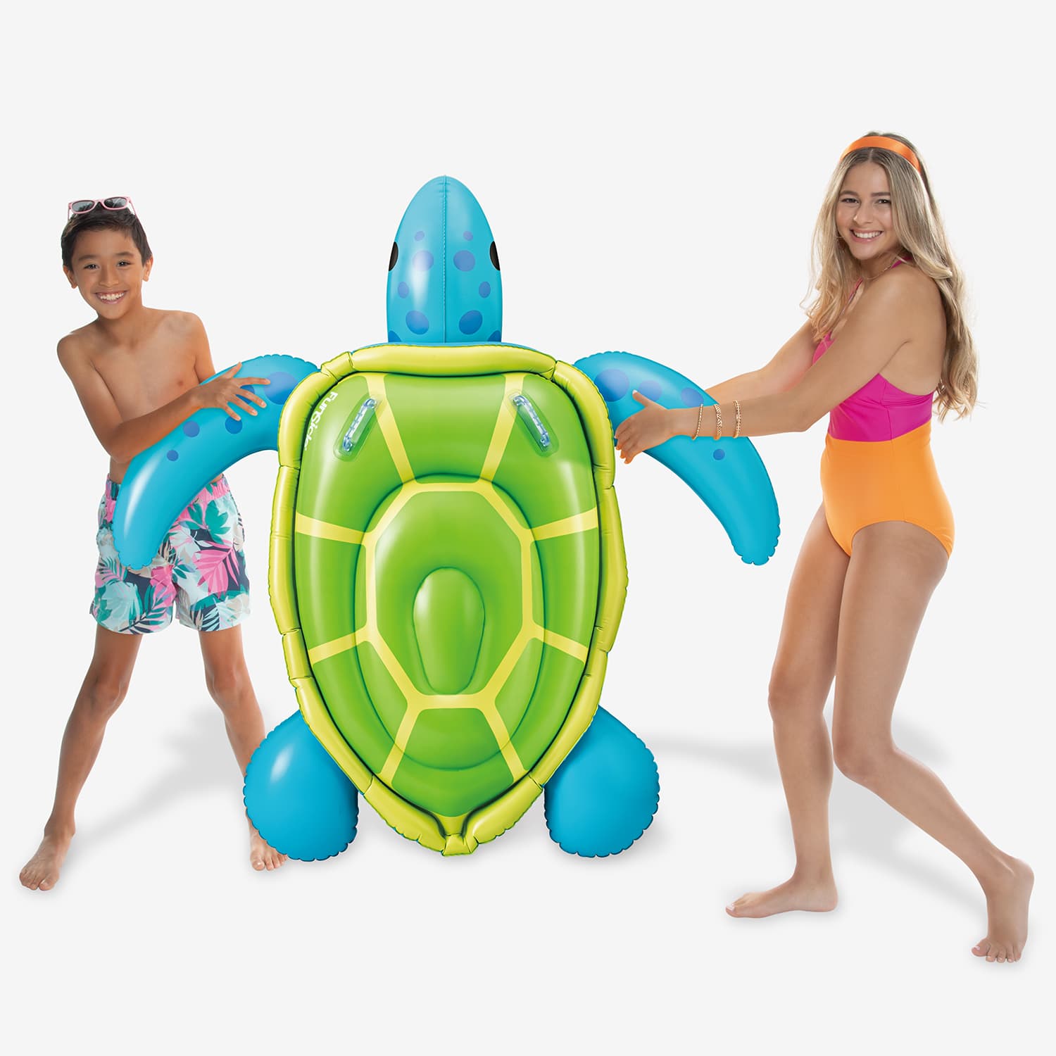 Funsicle Turtle Time Ride-On with models on a white background