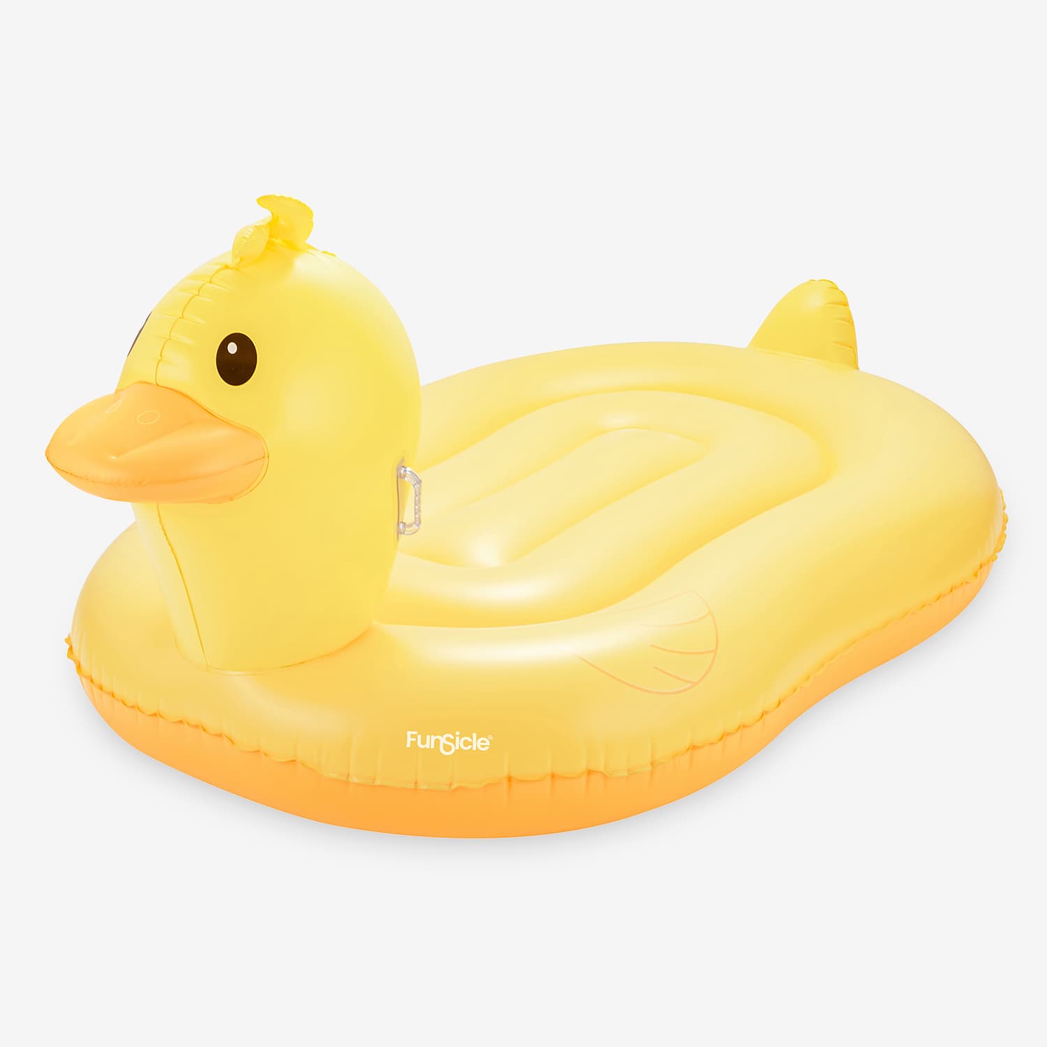 Inflatable yellow duck pool float on a white background