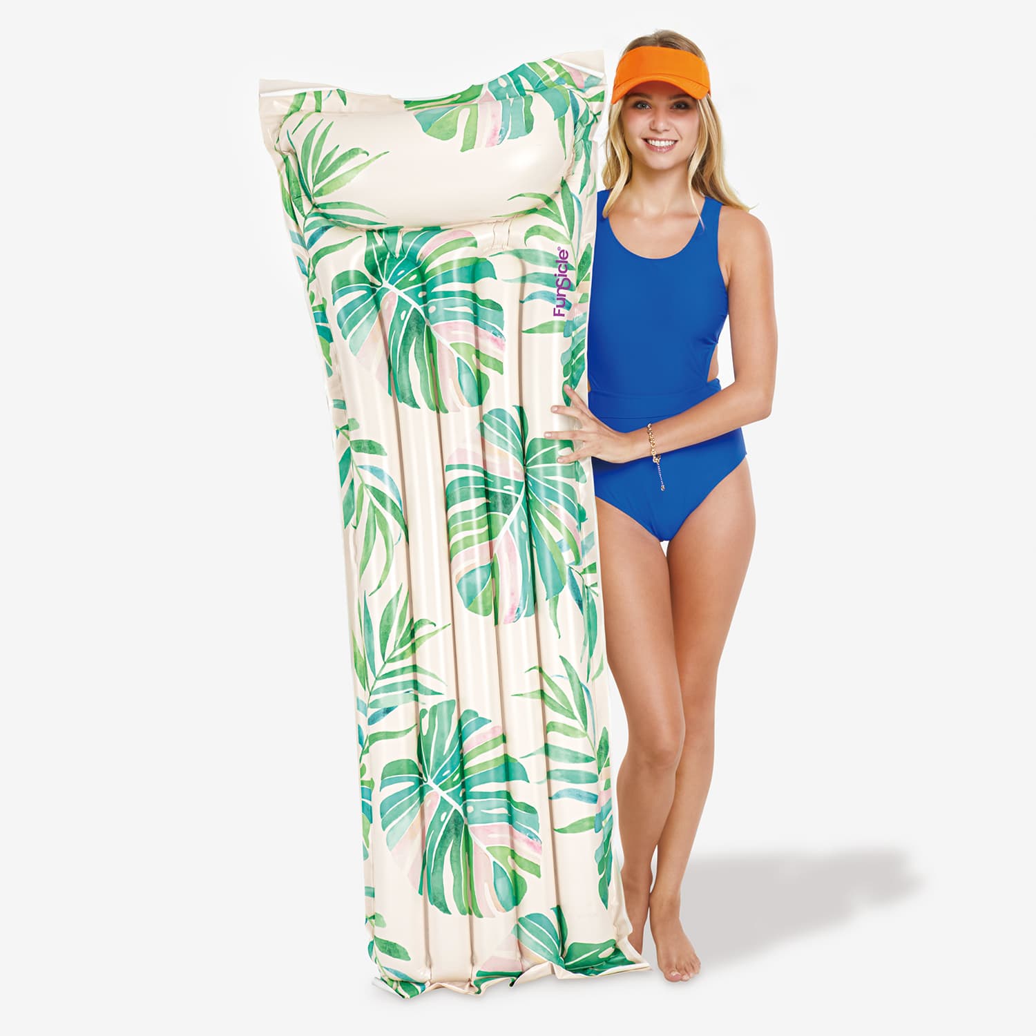 Funsicle Eezy Breezy Palm Mat with a model standing next to it