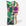 Woman in purple swimsuit holding a tropical leaf-patterned inflatable pool float.