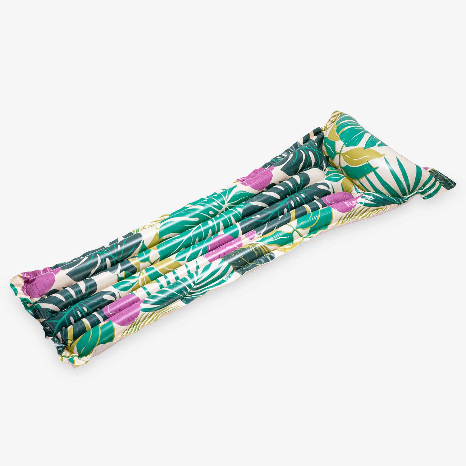 Inflatable pool float with tropical leaf pattern on a white background