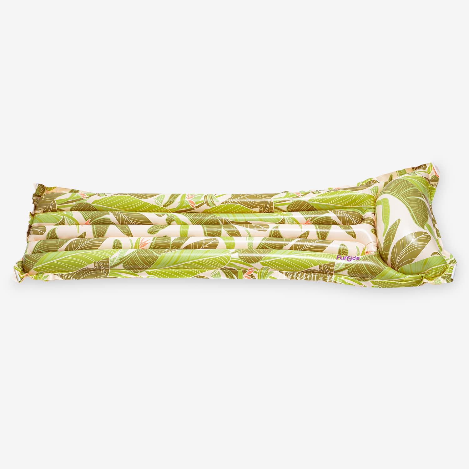 Inflatable pool float with leaf pattern on a white background