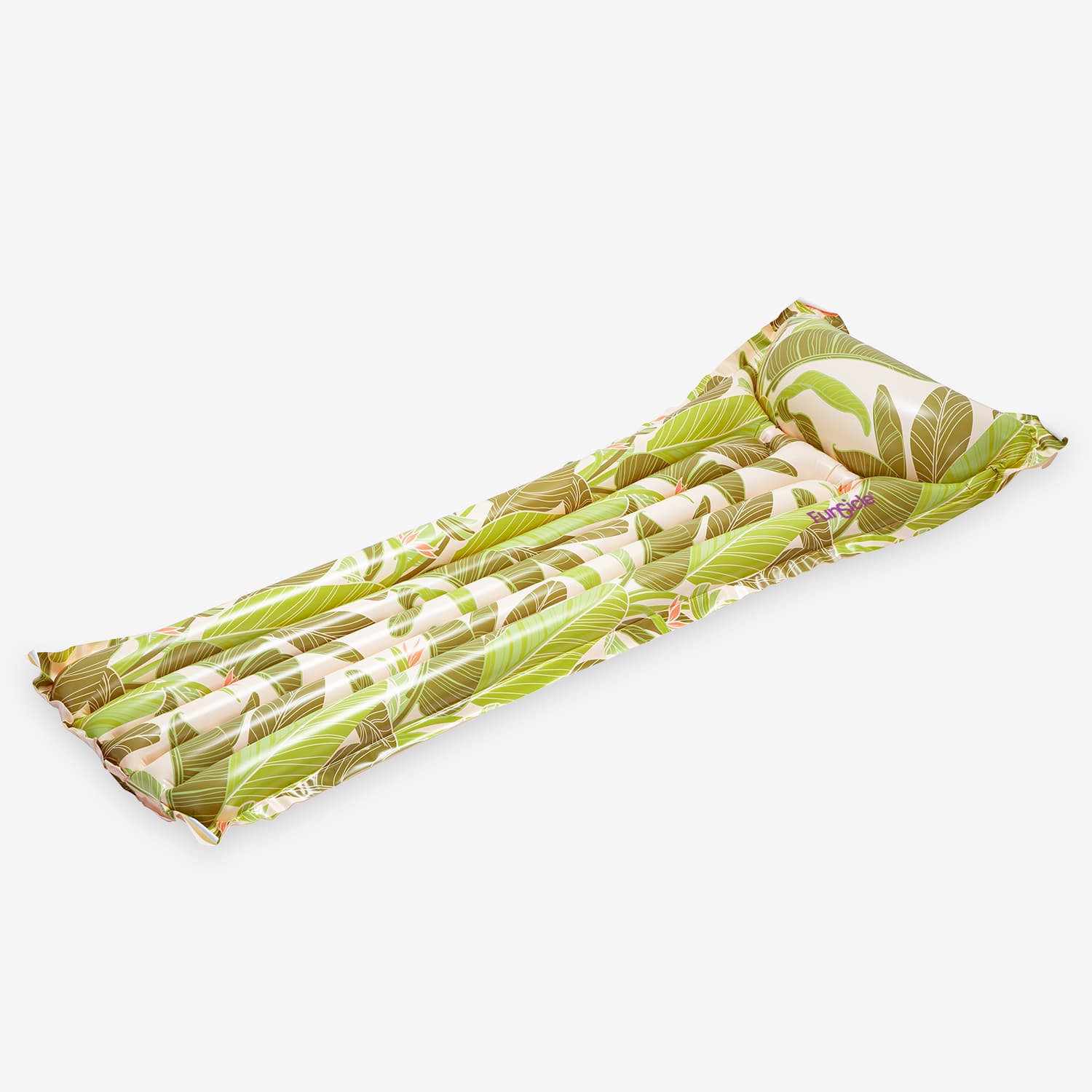 Green and white patterned pool float on a white background