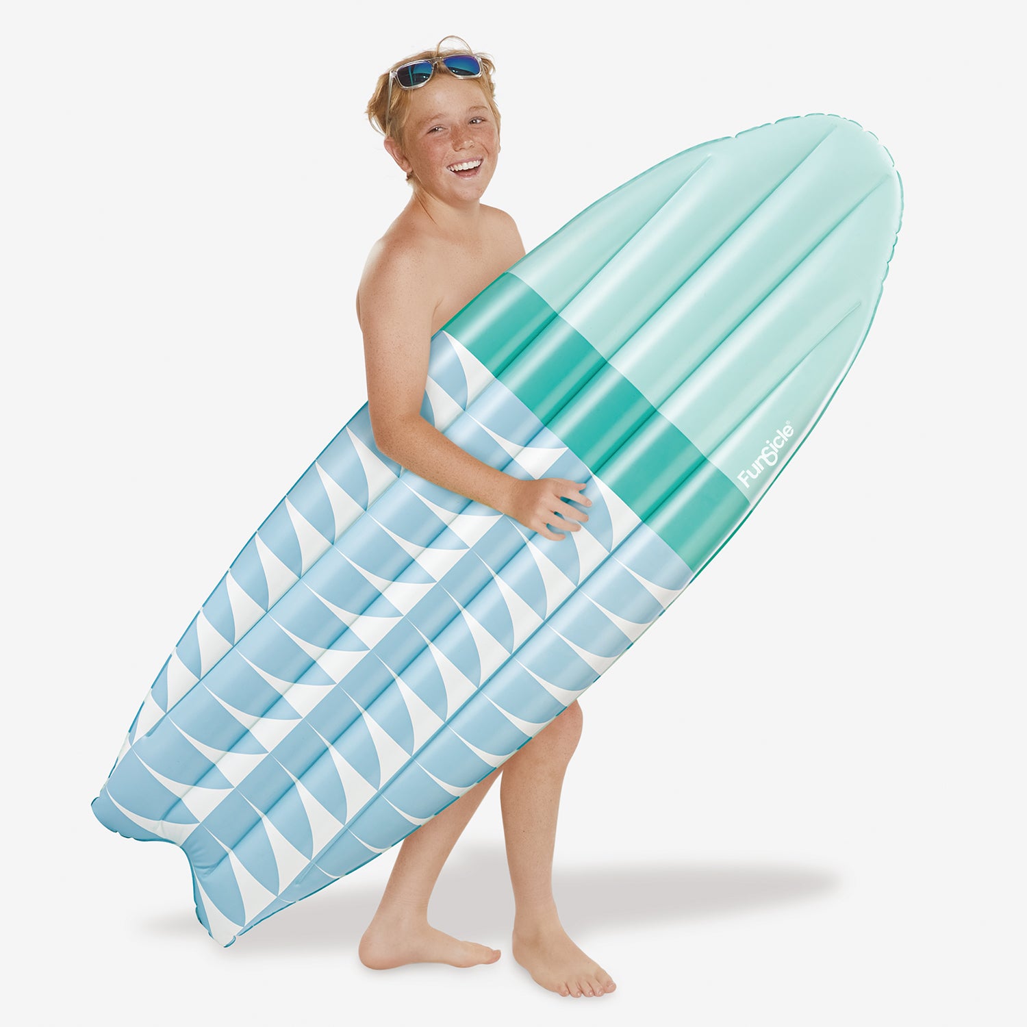 Funsicle California Dreamin&#39; Surfboard Float with a model on a white background