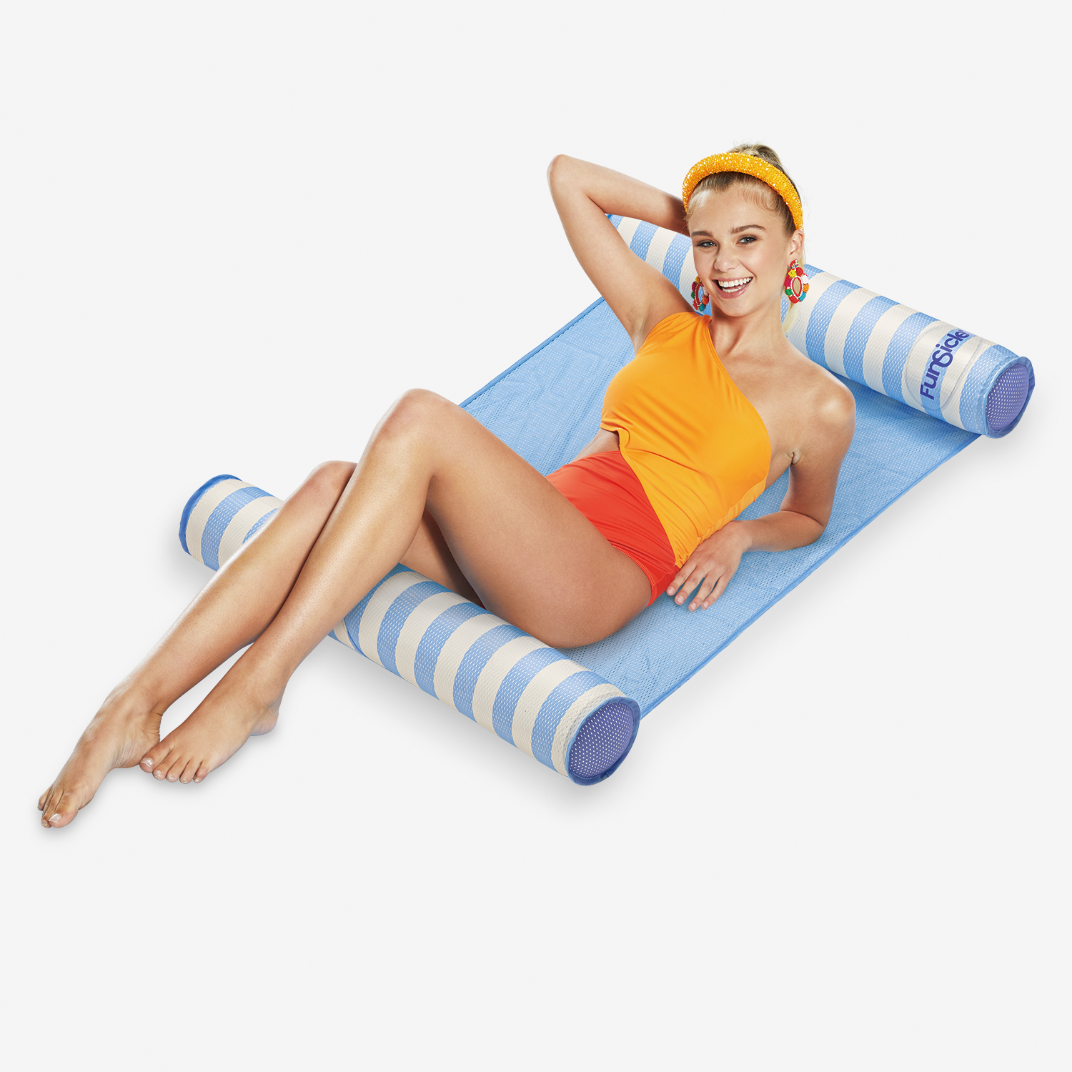 Woman lounging on a striped pool float with a white background