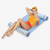 Woman lounging on a striped pool float with a white background
