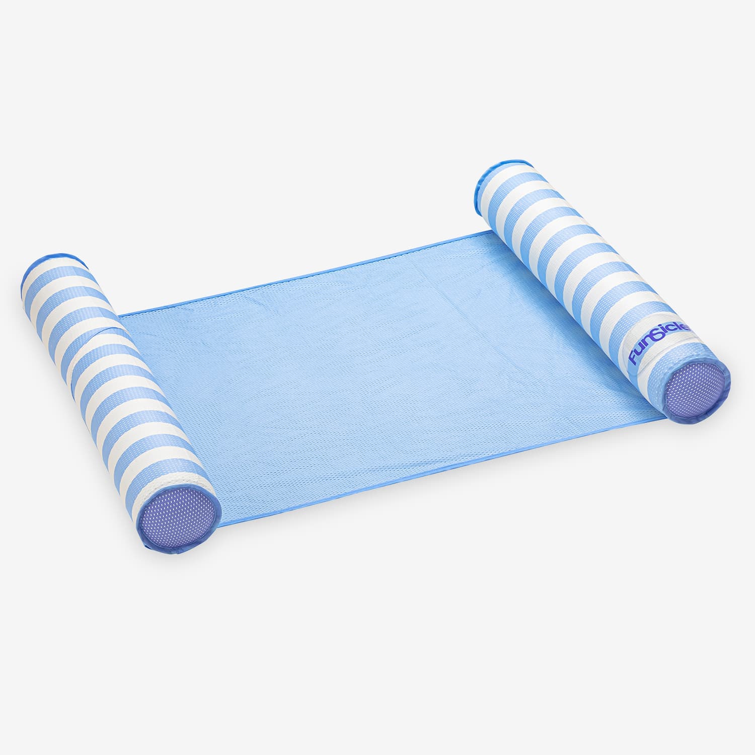 Blue pool float with striped handles on a white background