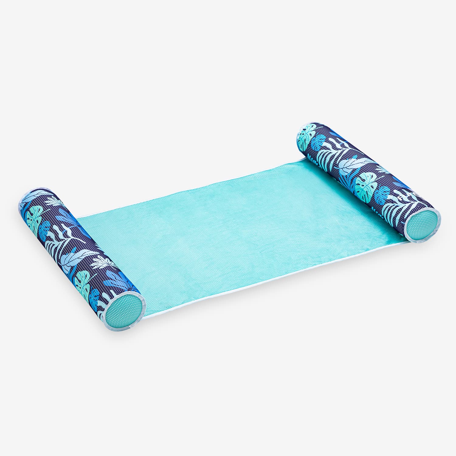 Blue hammock mesh float with floral-patterned ends on a white background
