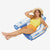 Woman lounging on a blue inflatable pool float with 'Funsicle' branding.