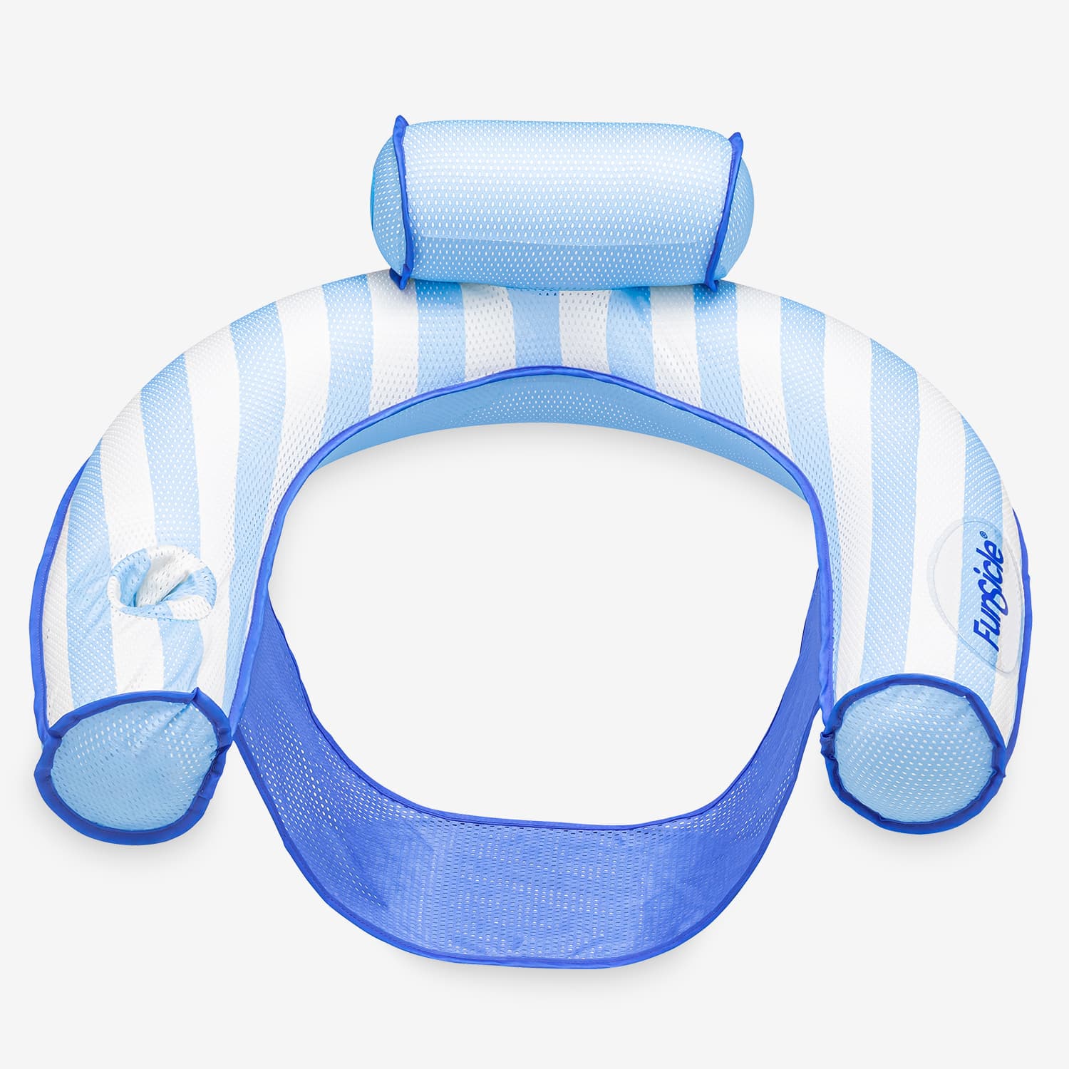 Blue inflatable inflatable noodle chair with striped design on a white background