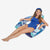 Woman in a blue swimsuit lying on a tropical-patterned inflatable pool float.
