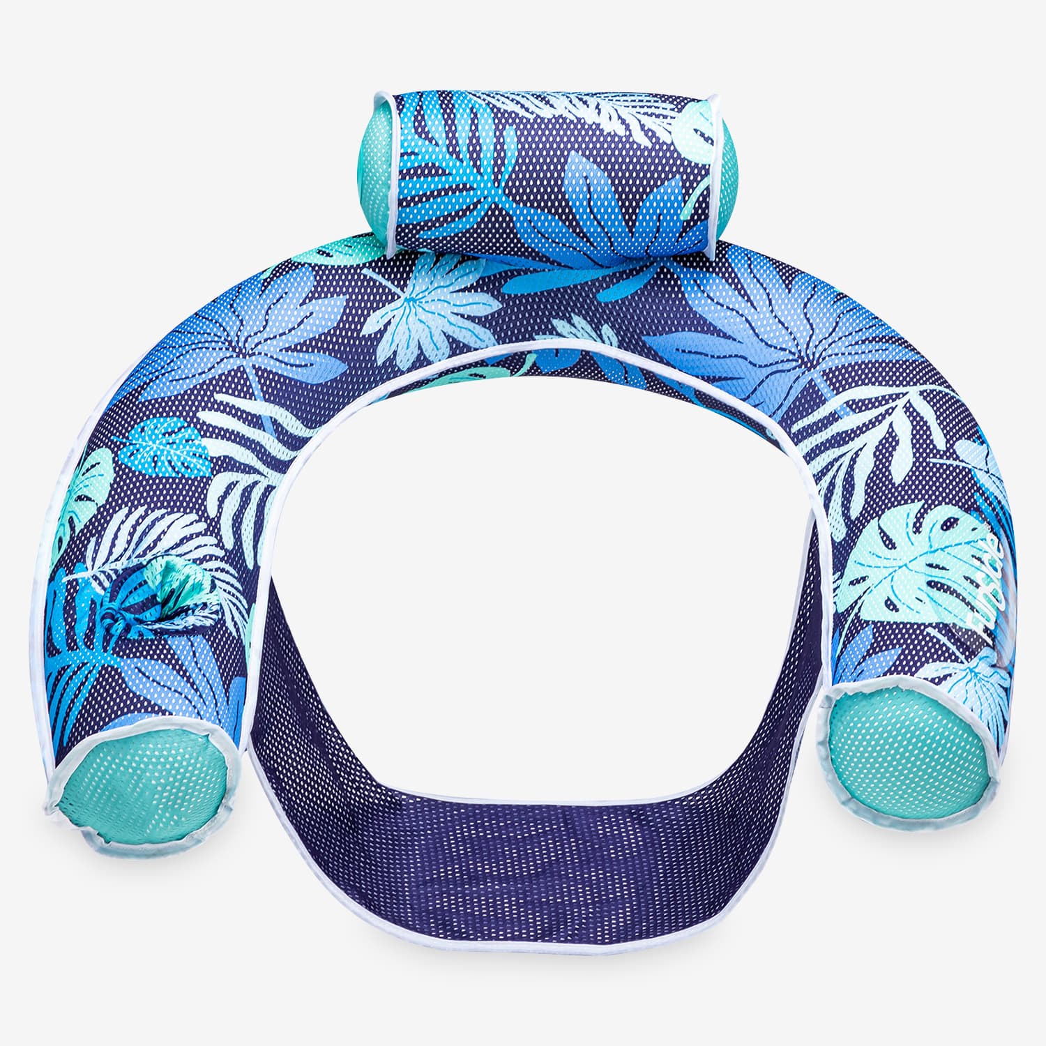noodle chair pool float with blue and green leaf pattern on a white background