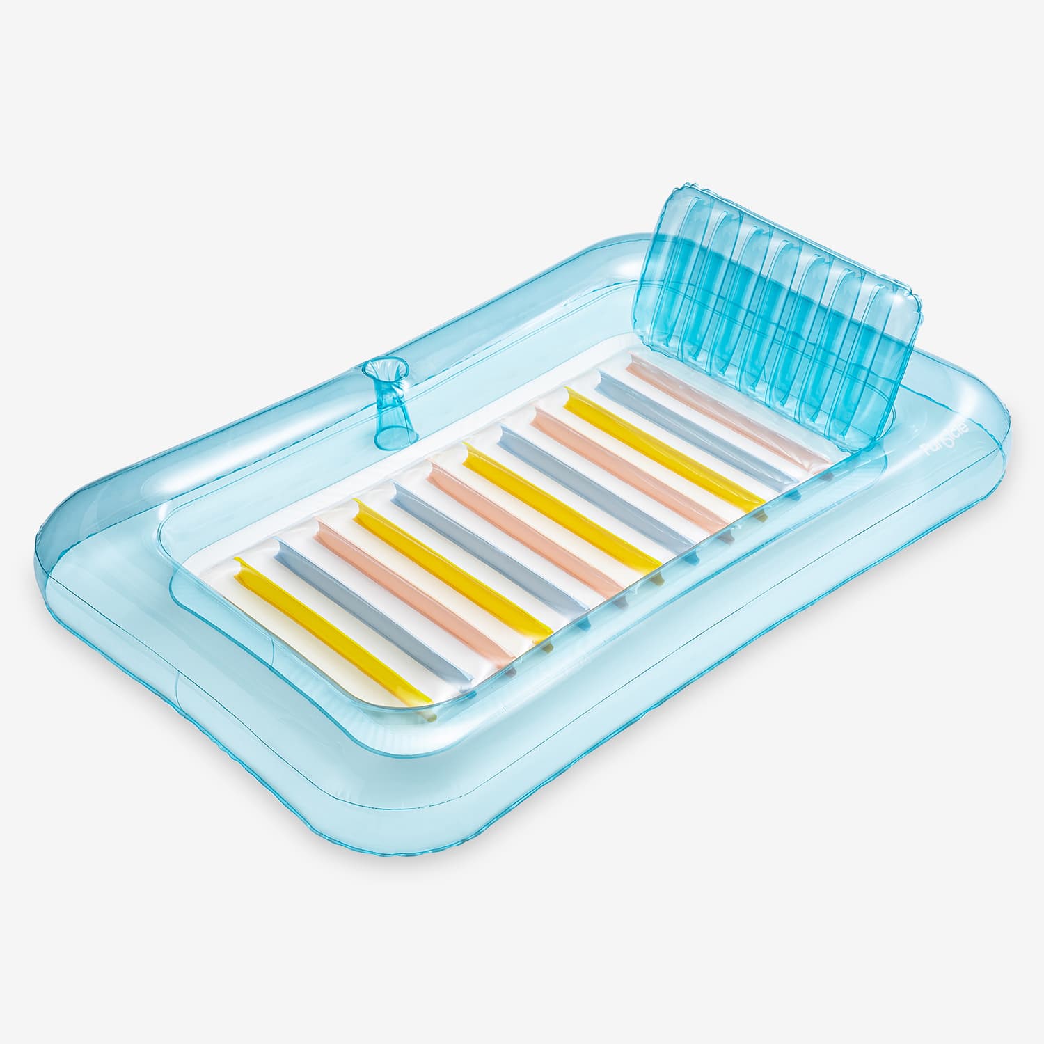 Inflatable pool float with a lounge chair and colorful cushions on a white background