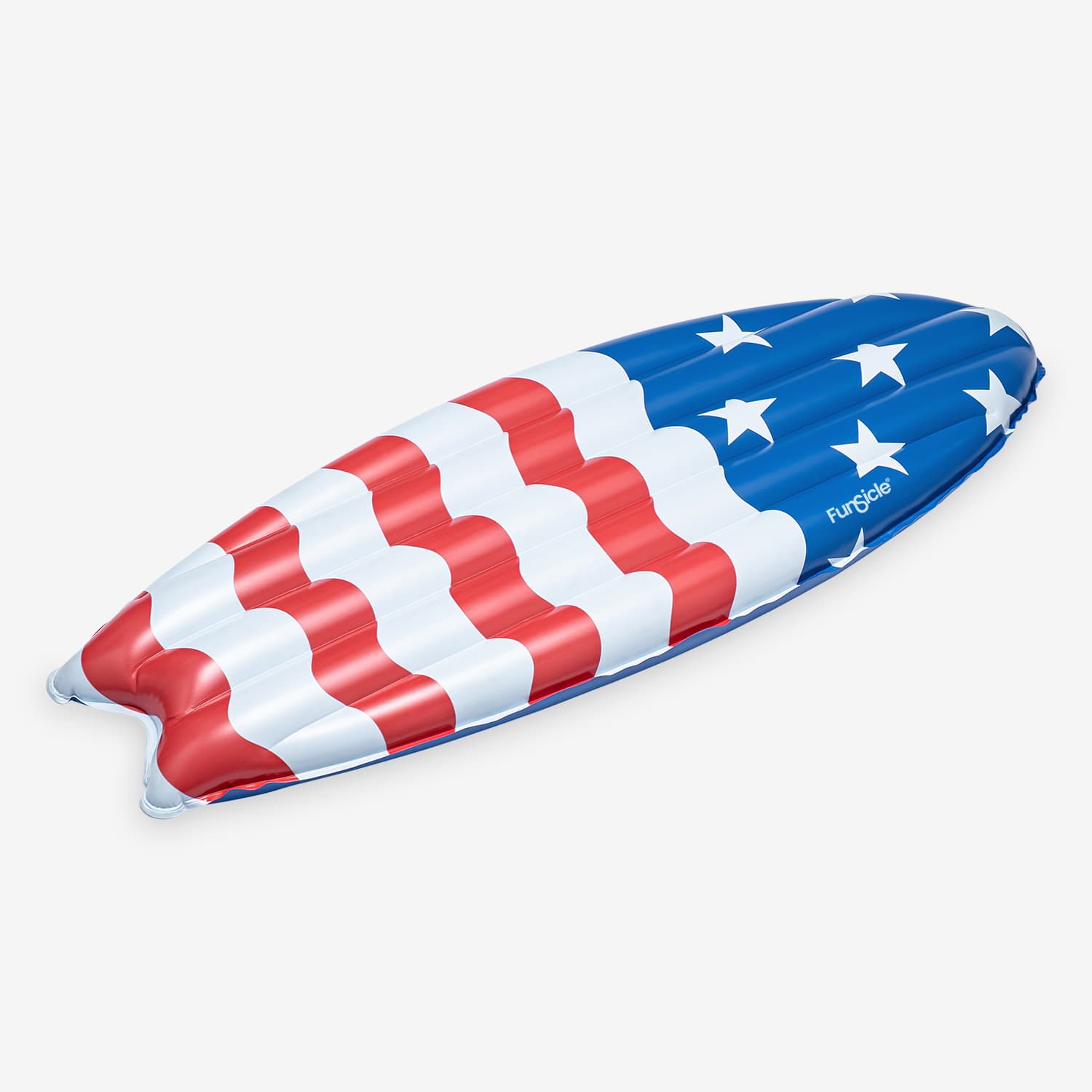 Inflatable surfboard with American flag design on a white background