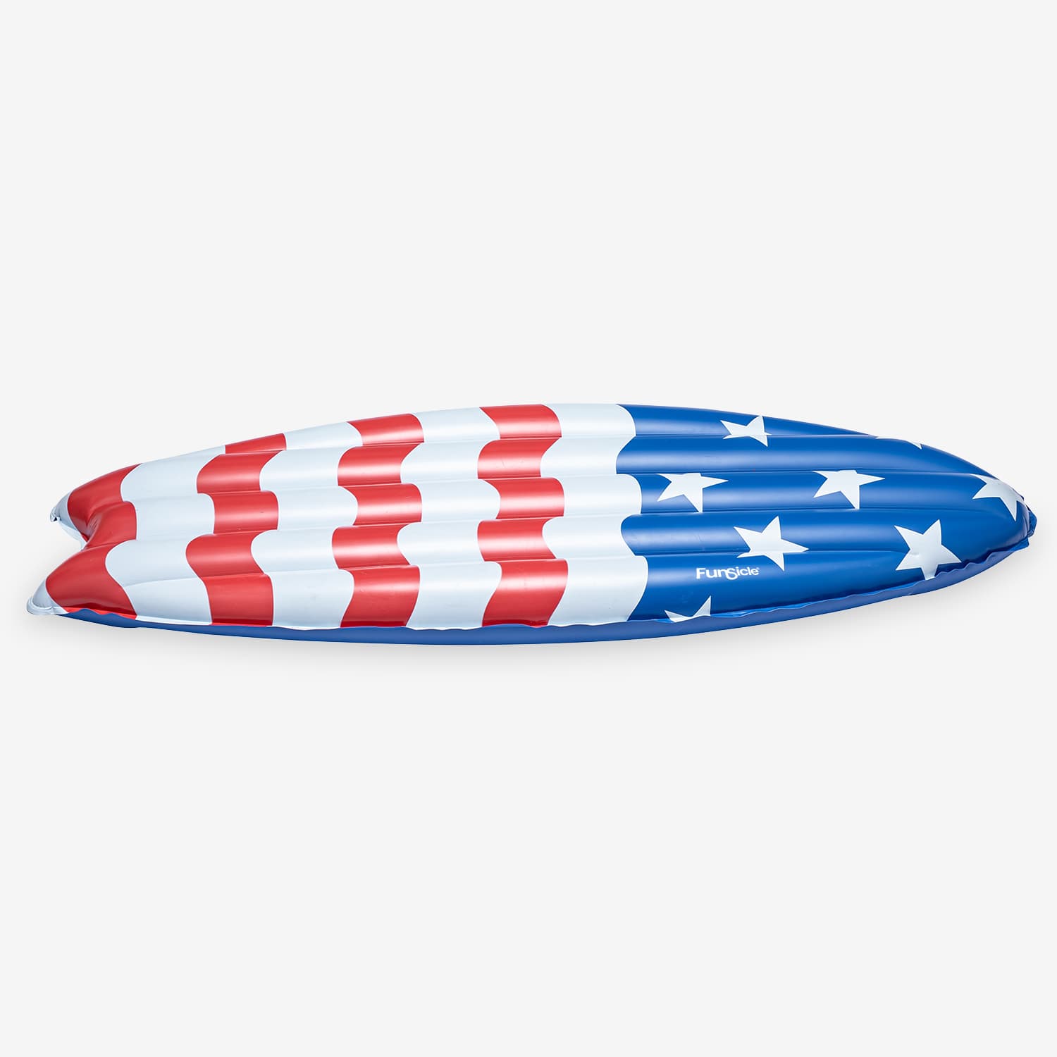 Inflatable surfboard with American flag design on a white background