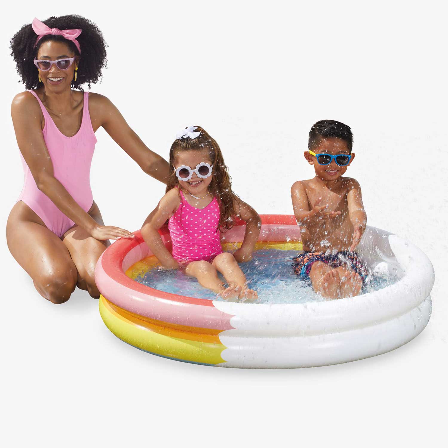 Mother sits next to 2 kids inside Funsicle Rainbow Heaven FunRing Pool