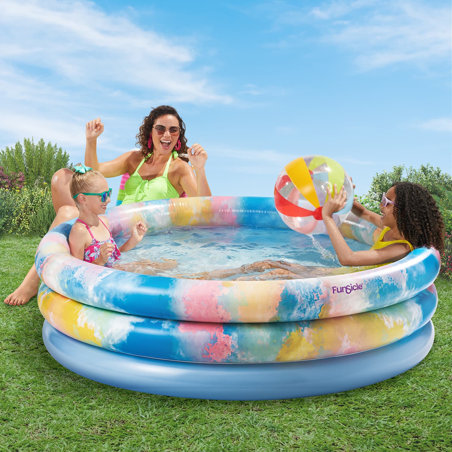 models with Funsicle Summer Vibes Pool on grass background