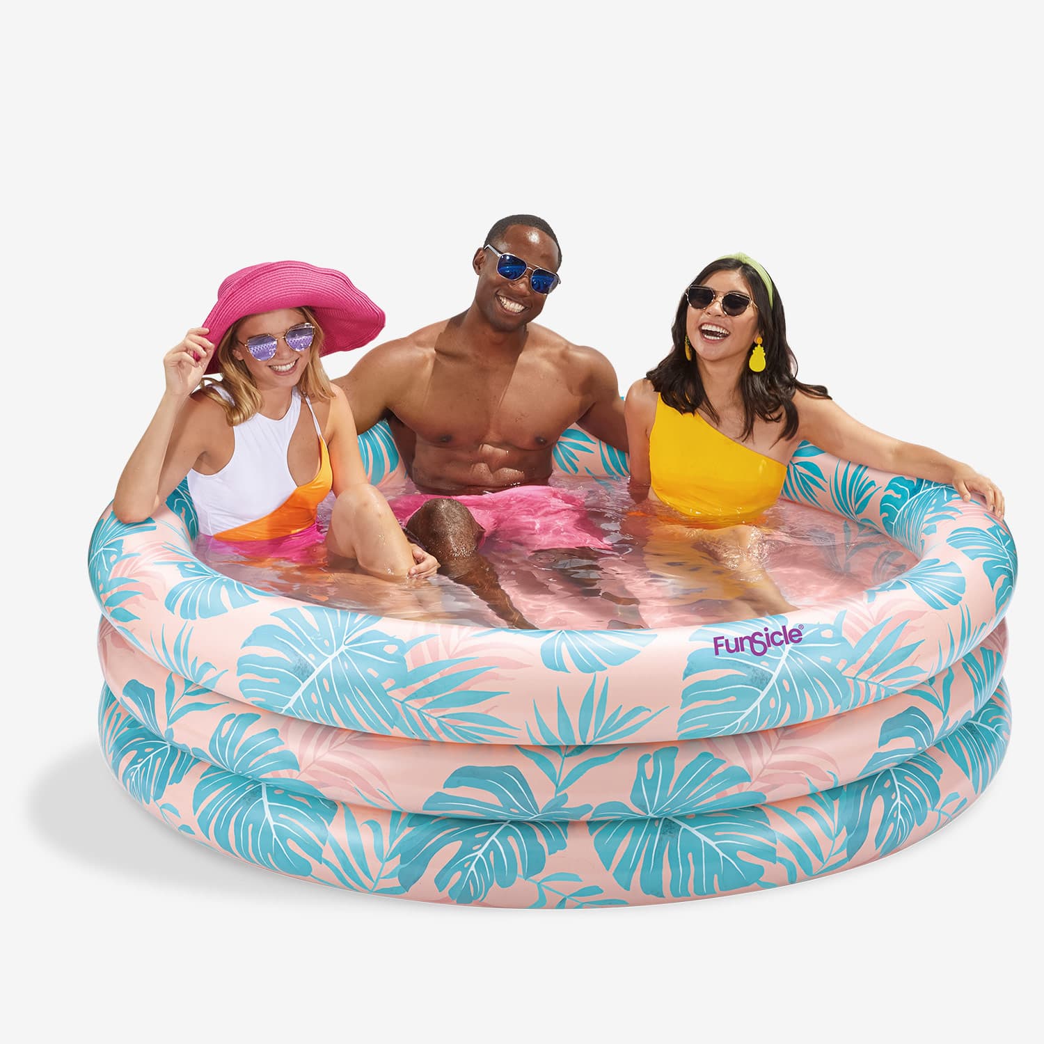 Funsicle Blue Palm Pool with models on white background