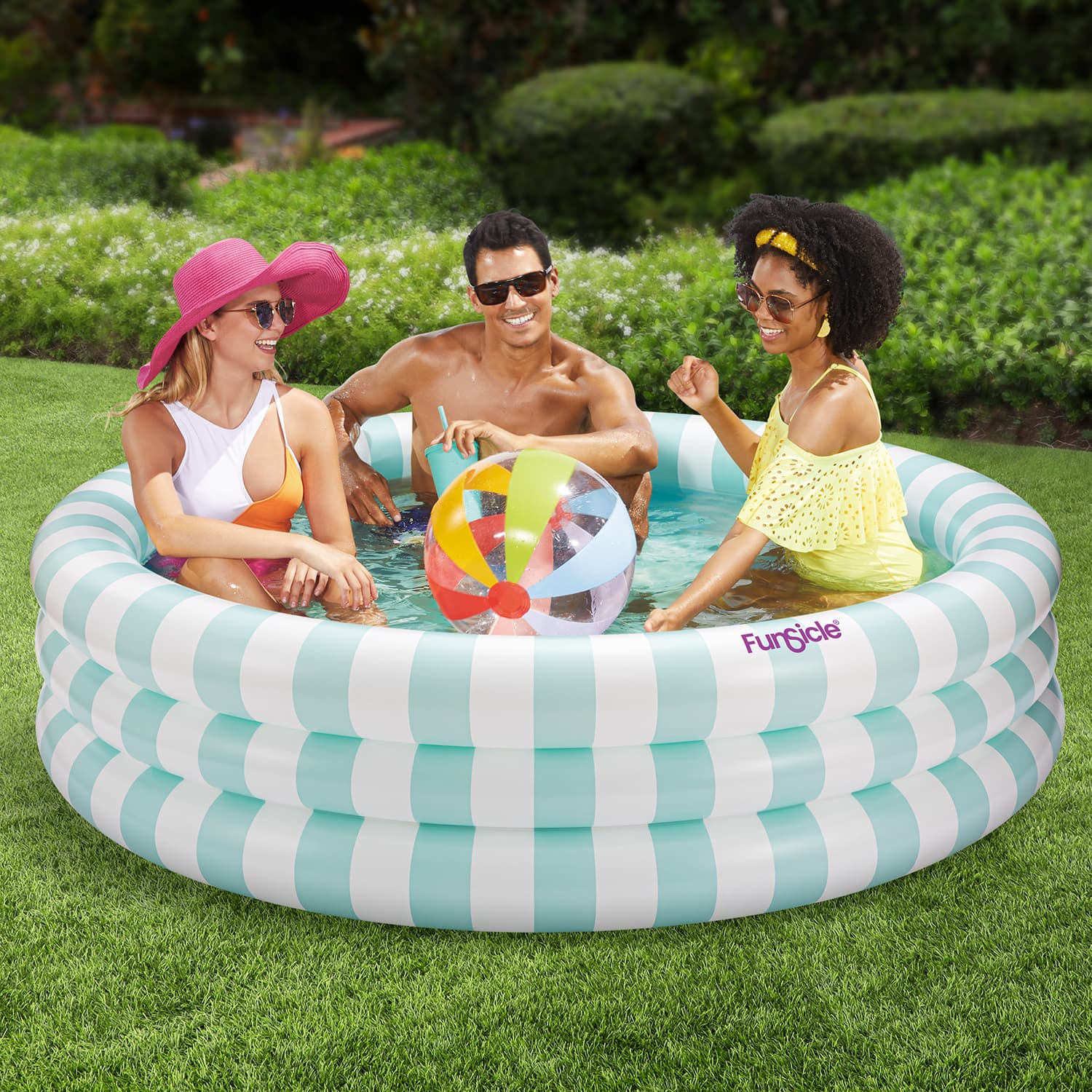 Funsicle Pastel Stripes Pool with models on grass background