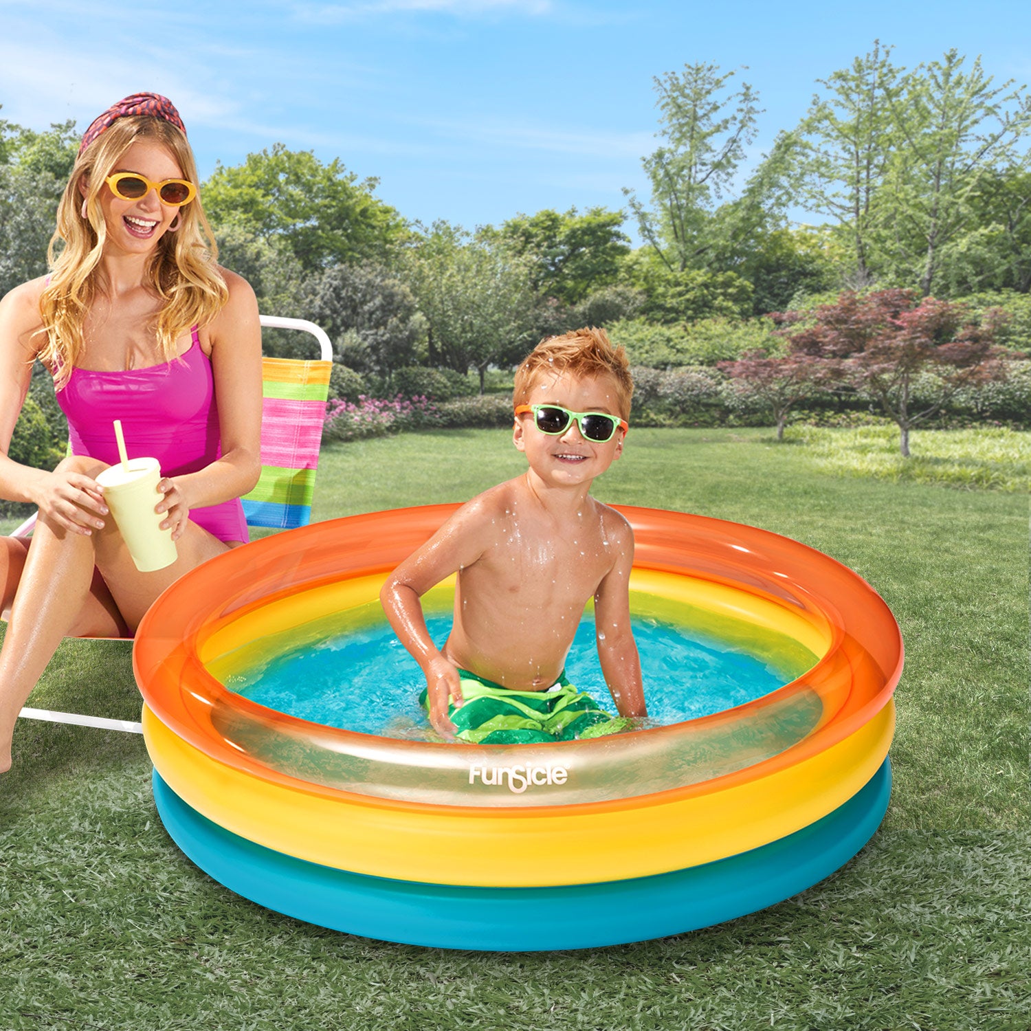 Funsicle Color Pop Pool with models on backyard background