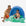 Man and child playing in a green turtle-shaped inflatable pool with a blue canopy.