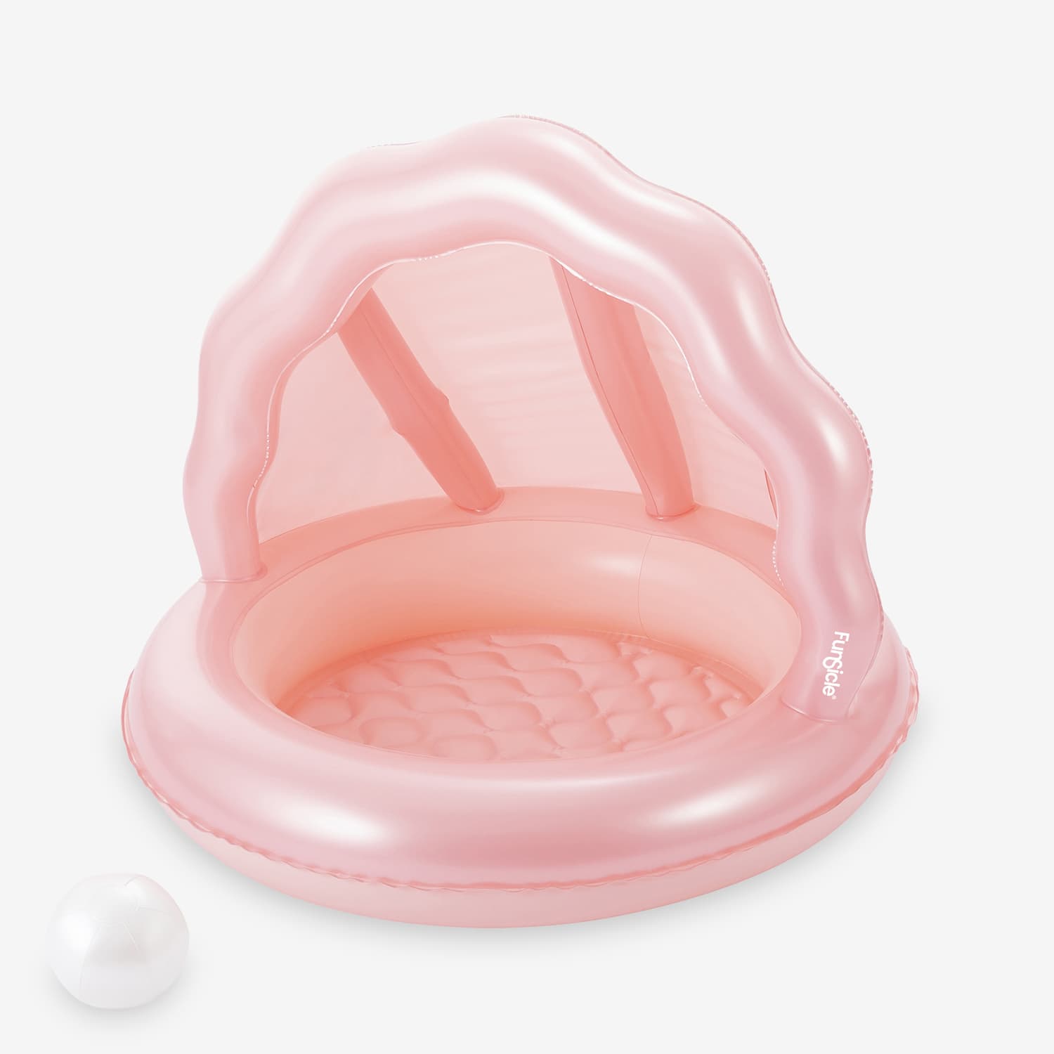 Pink inflatable baby pool with canopy on a white background