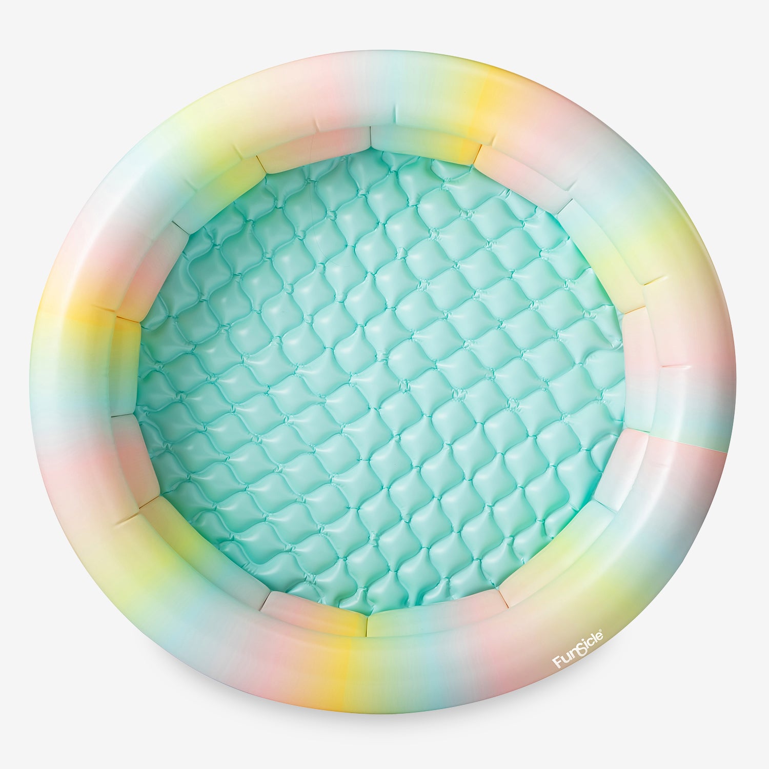 Round inflatable pool with colorful rim and textured green center on a white background
