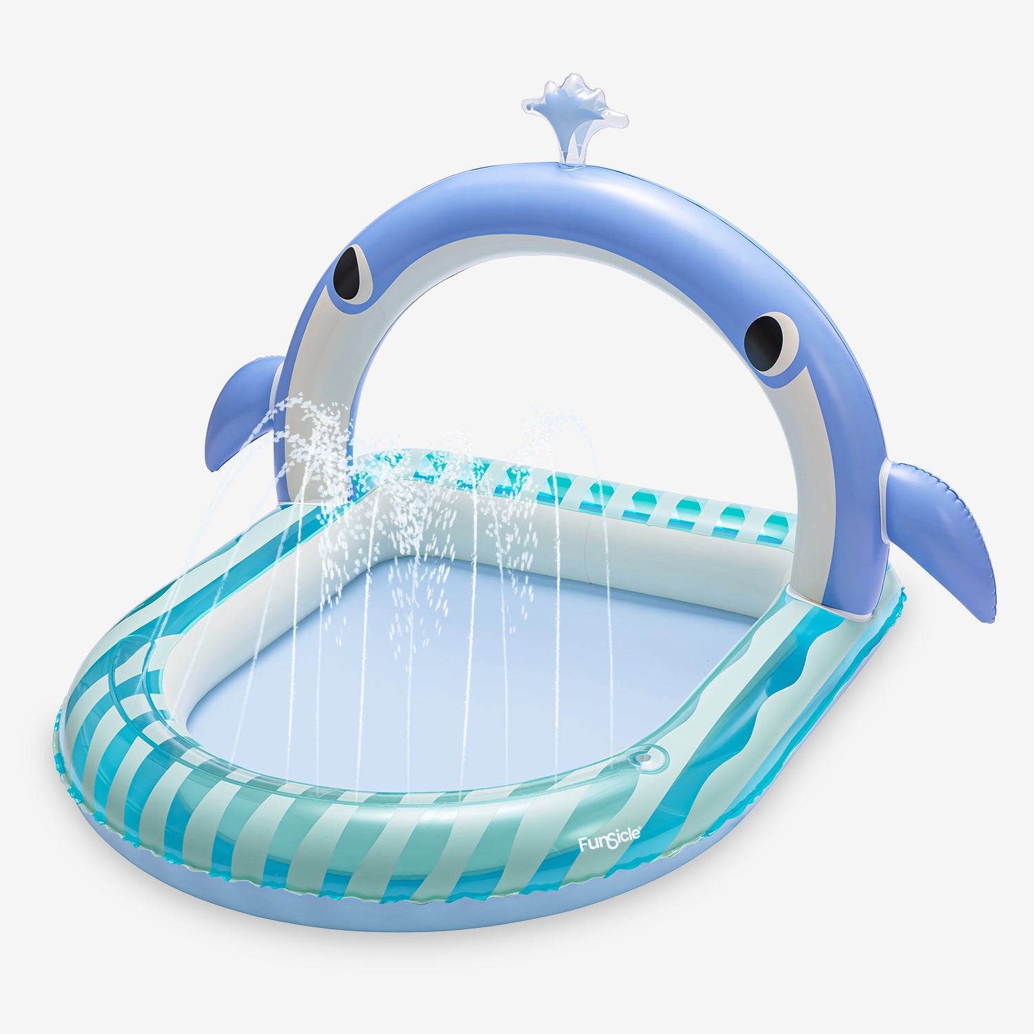 Inflatable pool with shark design and water sprayer on a white background
