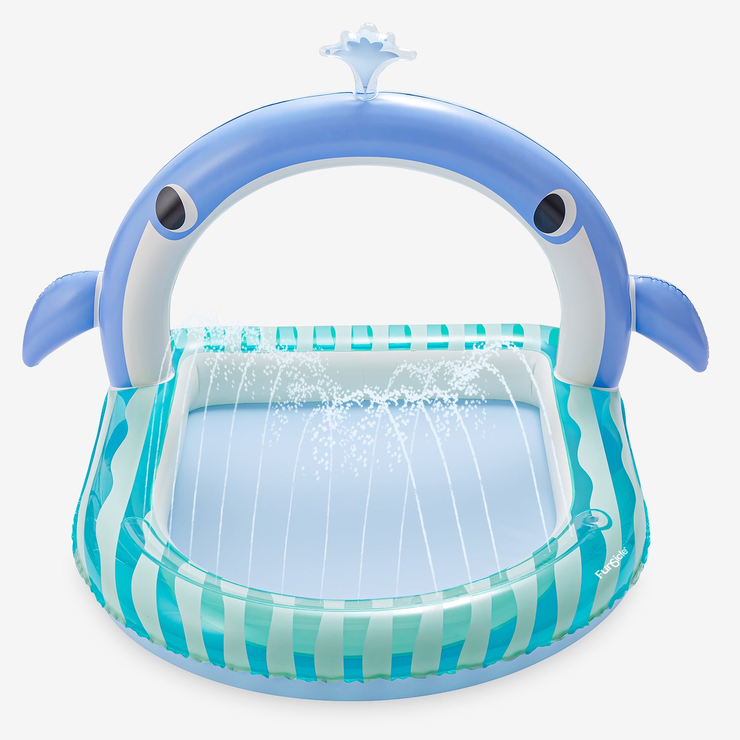 Inflatable pool with shark design and water sprayers on a white background