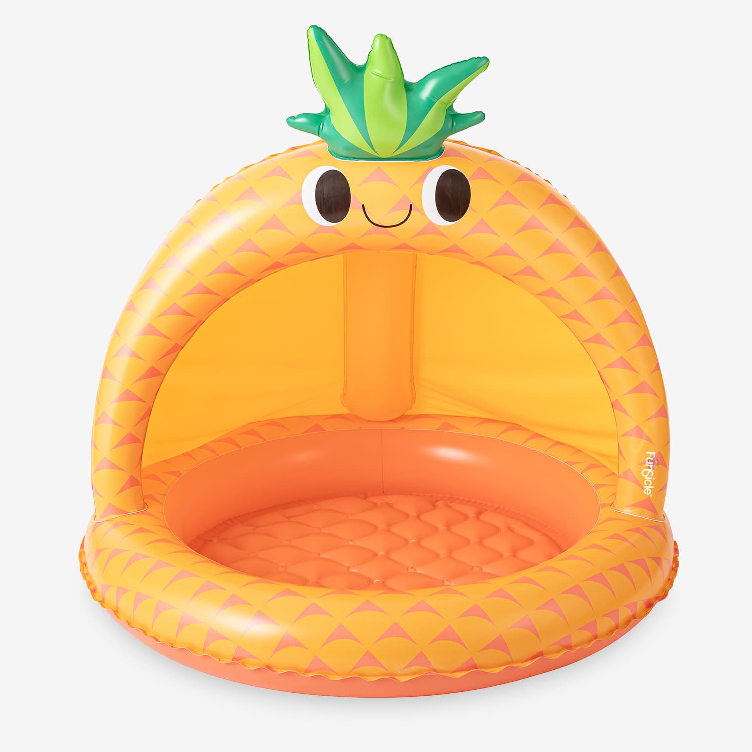 Inflatable pineapple shaded pool with a smiling face on a white background