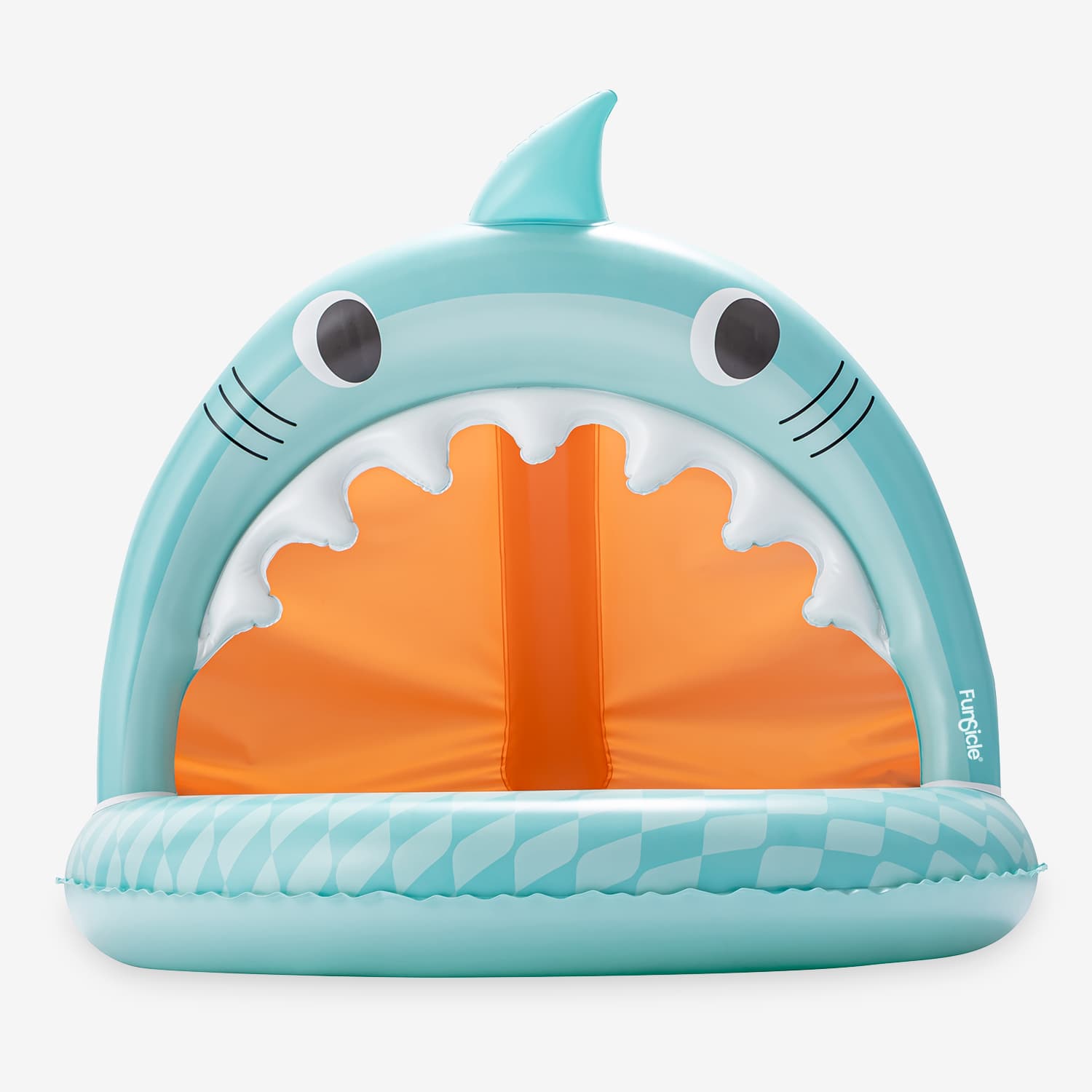 Inflatable shark-shaped pool toy with a white background