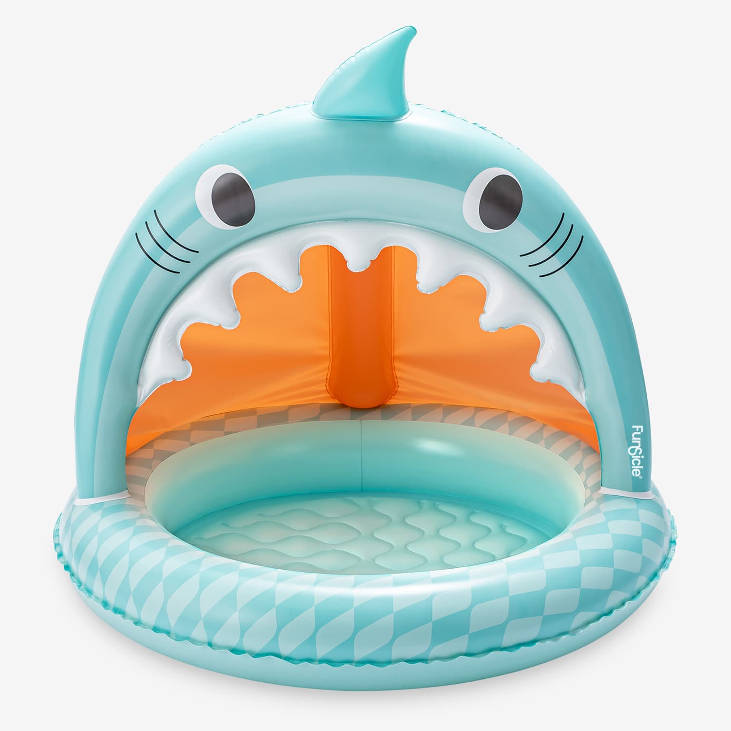 Inflatable shark-shaped pool with a white background