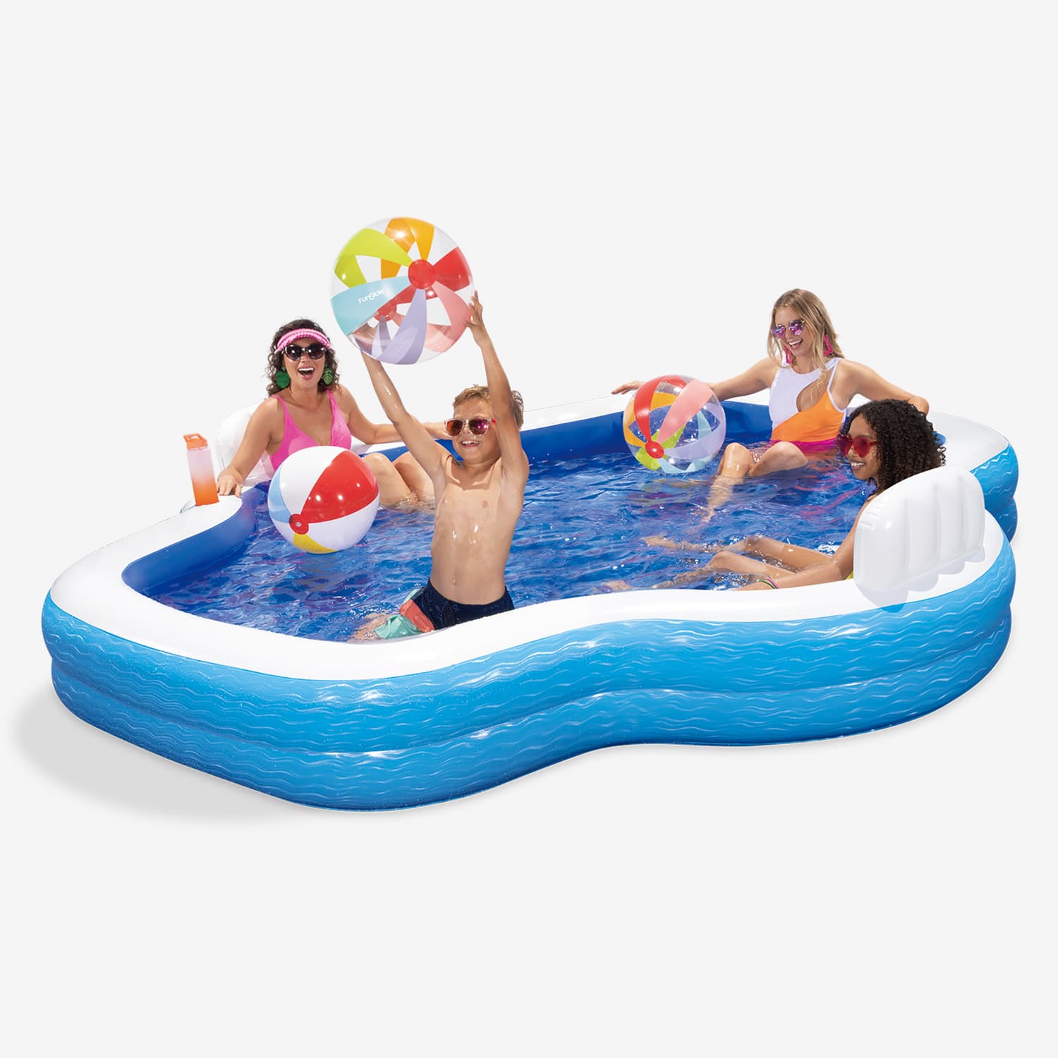 Inflatable pool with people playing in it on a white background