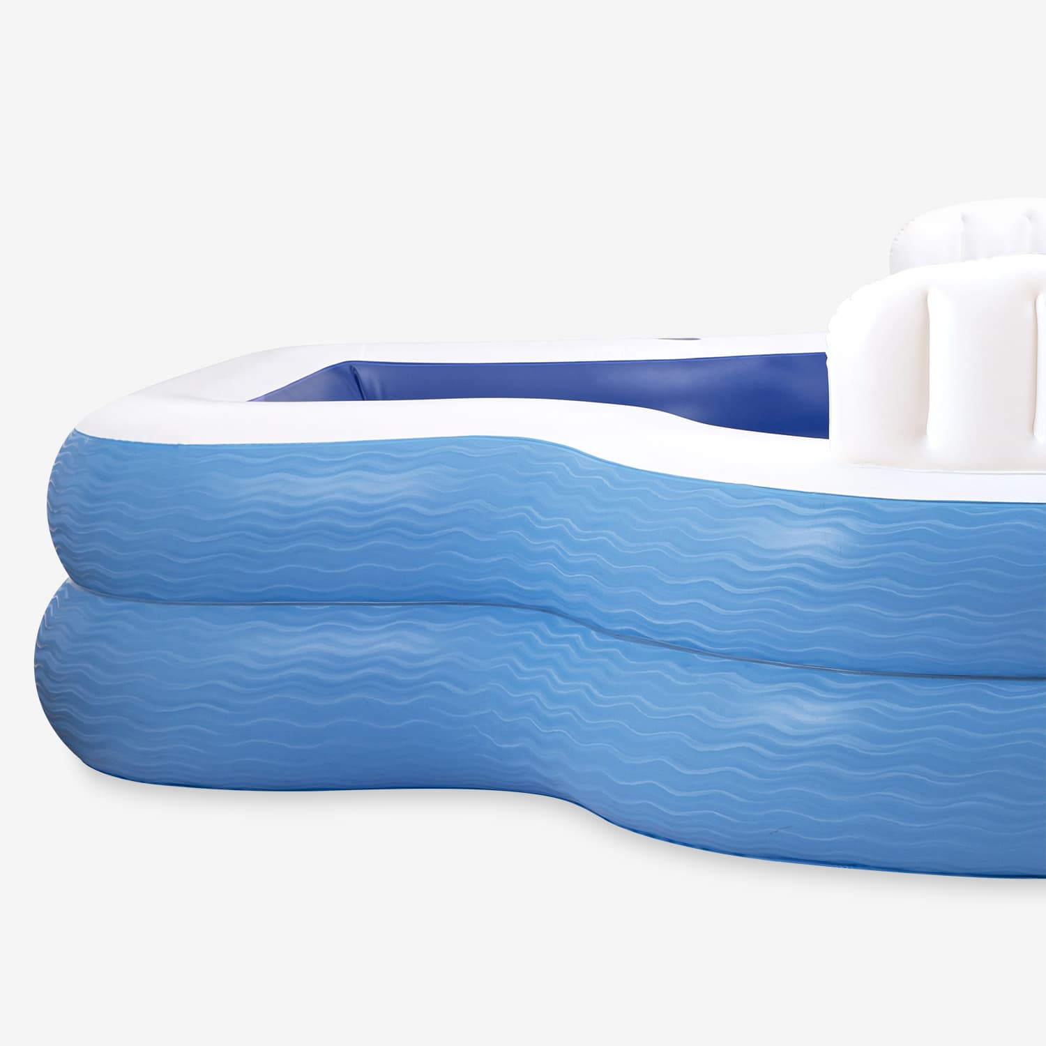 Inflatable pool with blue interior and white exterior on a white background