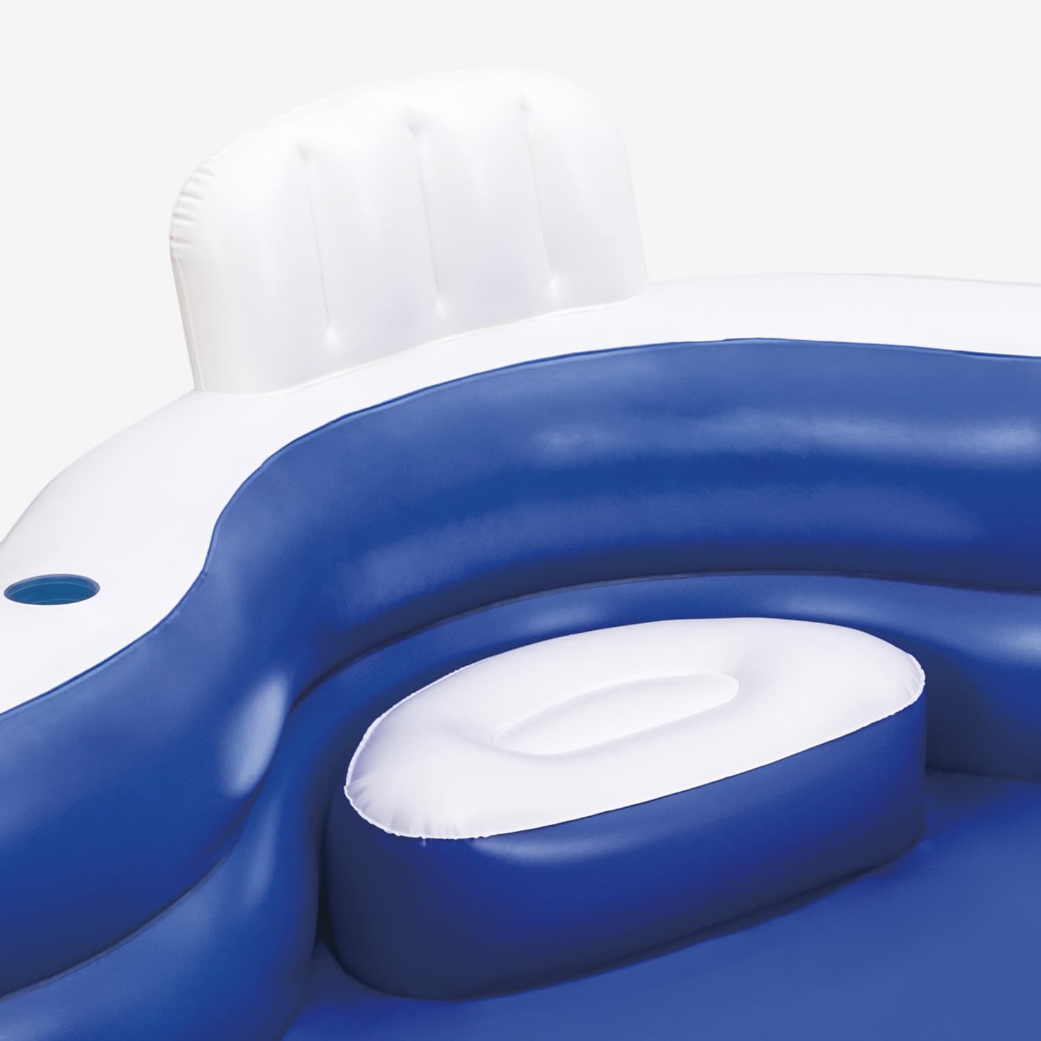 Close-up of a blue inflatable pool float with white cushion