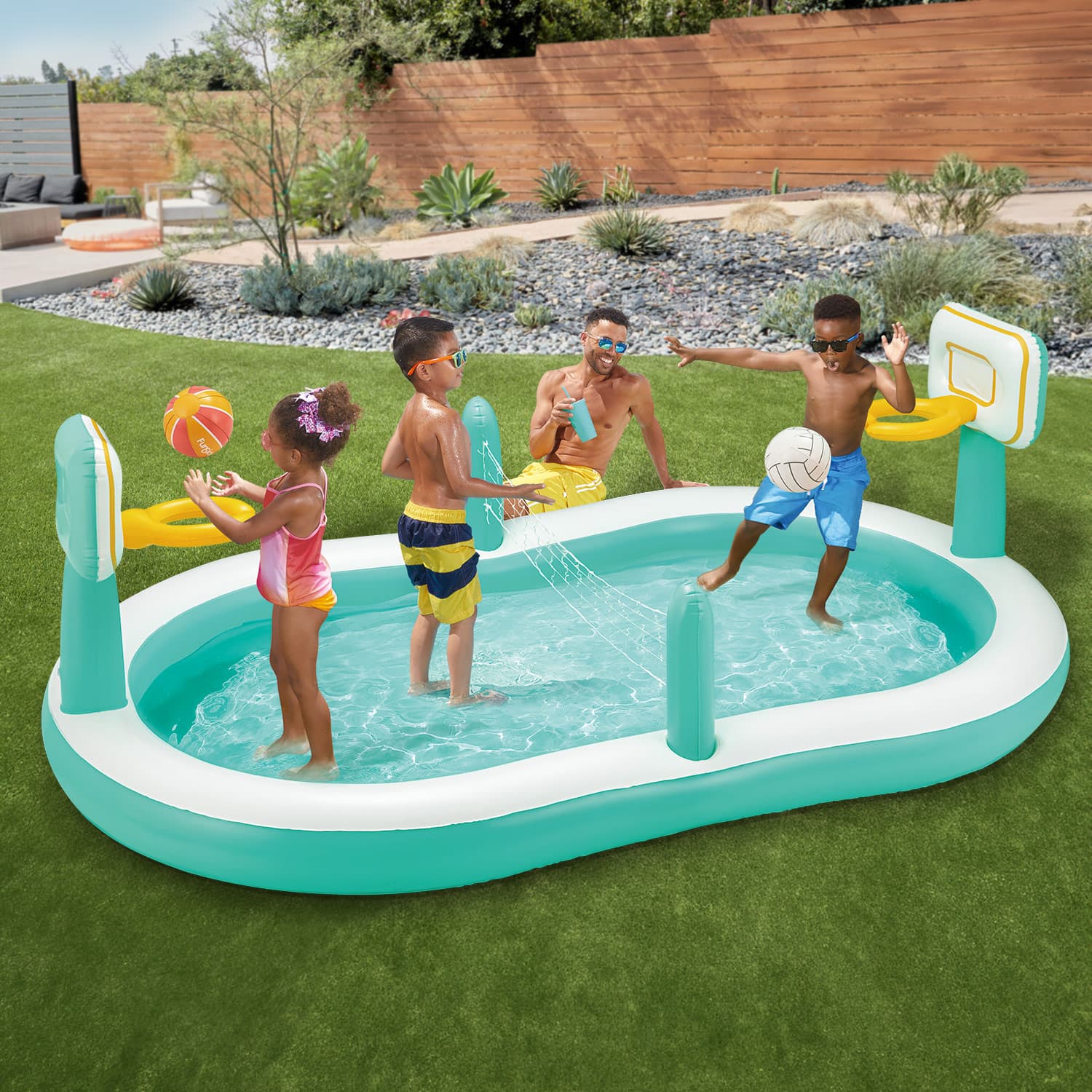 Funsicle Sports Arena Pool with models in the backyard